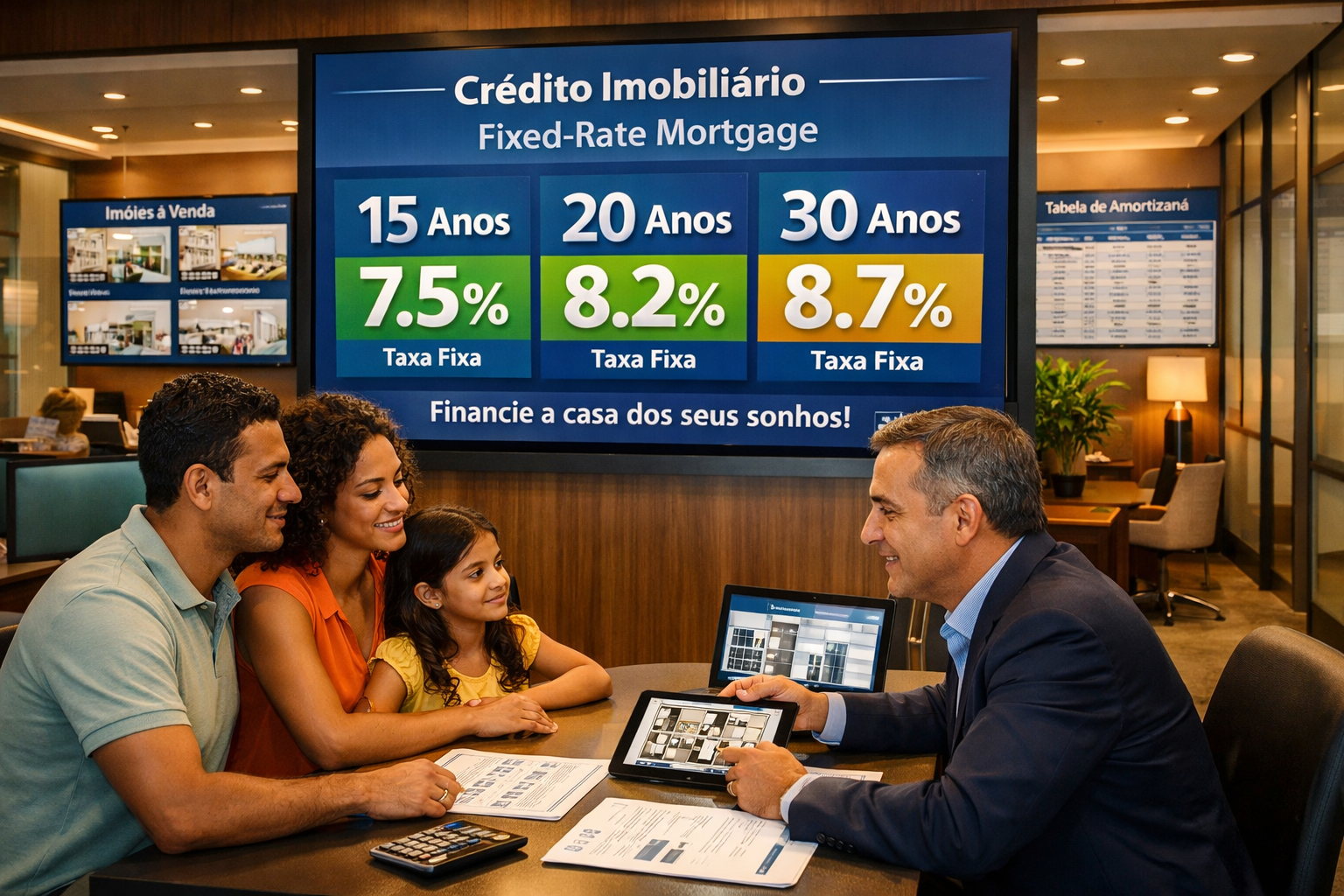 Detailed () image depicting modern Brazilian bank interior with large digital display showing 'Fixed-Rate Mortgage' options