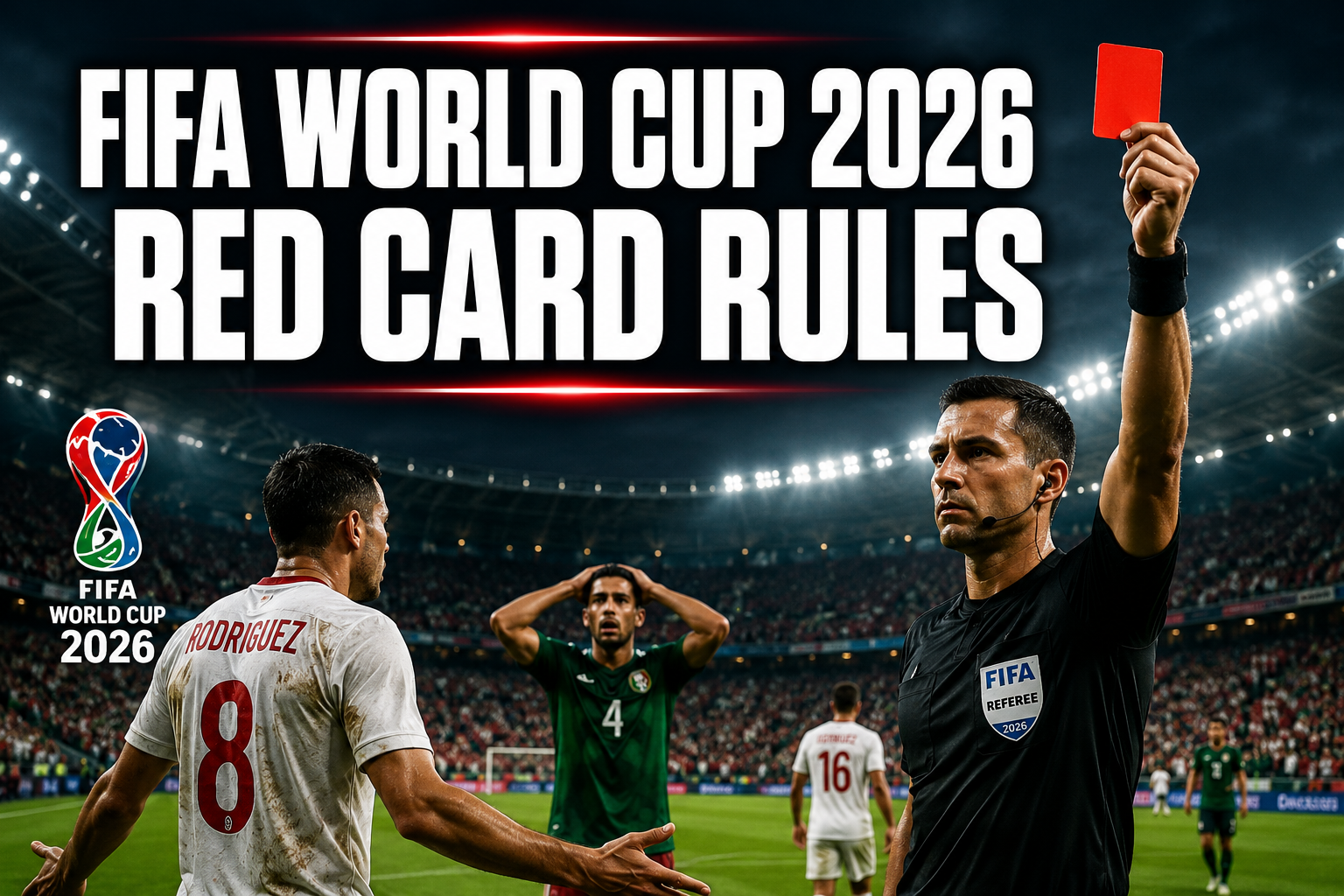 Professional () hero image featuring 'FIFA World Cup 2026 Red Card Rules' in extra large white with dark , centered in upper