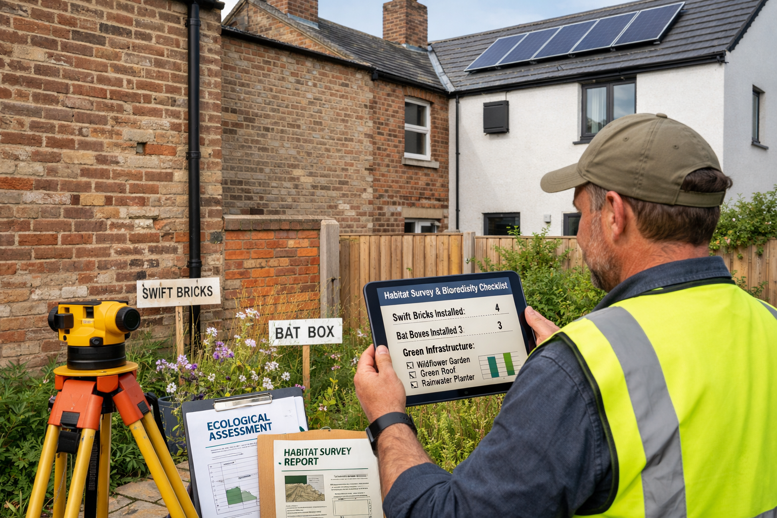 Detailed () image showing professional surveyor in high-visibility vest conducting ecological assessment at a shared party
