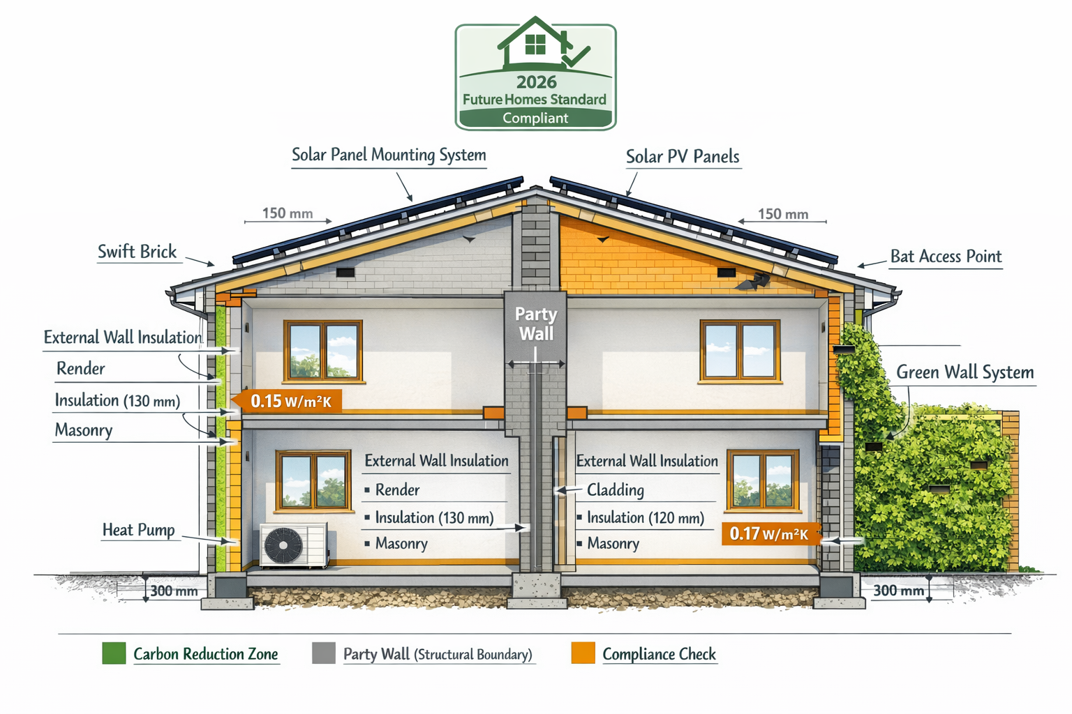 Wide-angle () architectural cross-section illustration showing party wall between two properties with detailed
