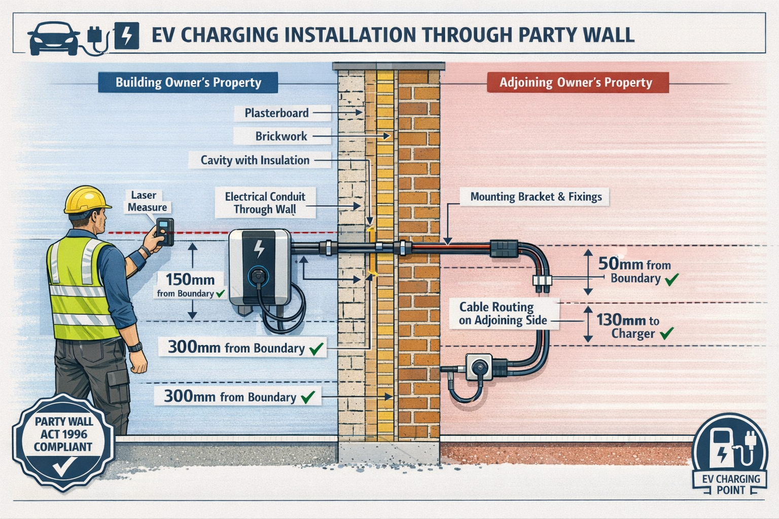 Detailed landscape format (1536x1024) illustration showing cross-section diagram of UK terraced house party wall with EV charging infrastruc