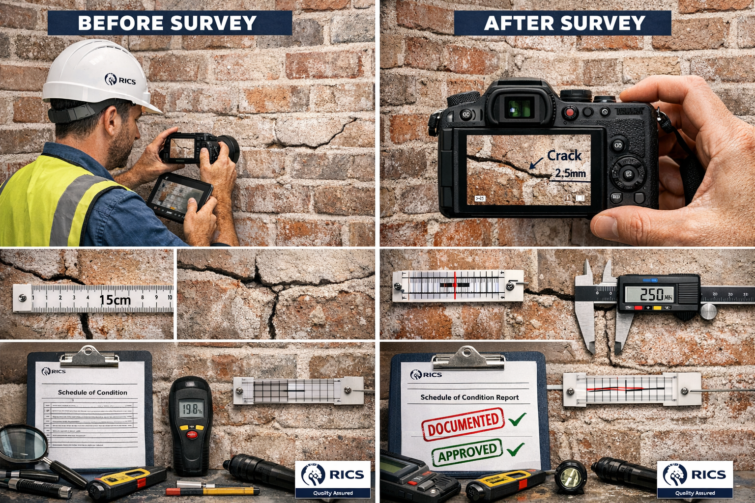 Detailed landscape format (1536x1024) professional photograph showing surveyor conducting pre-installation condition survey of party wall an