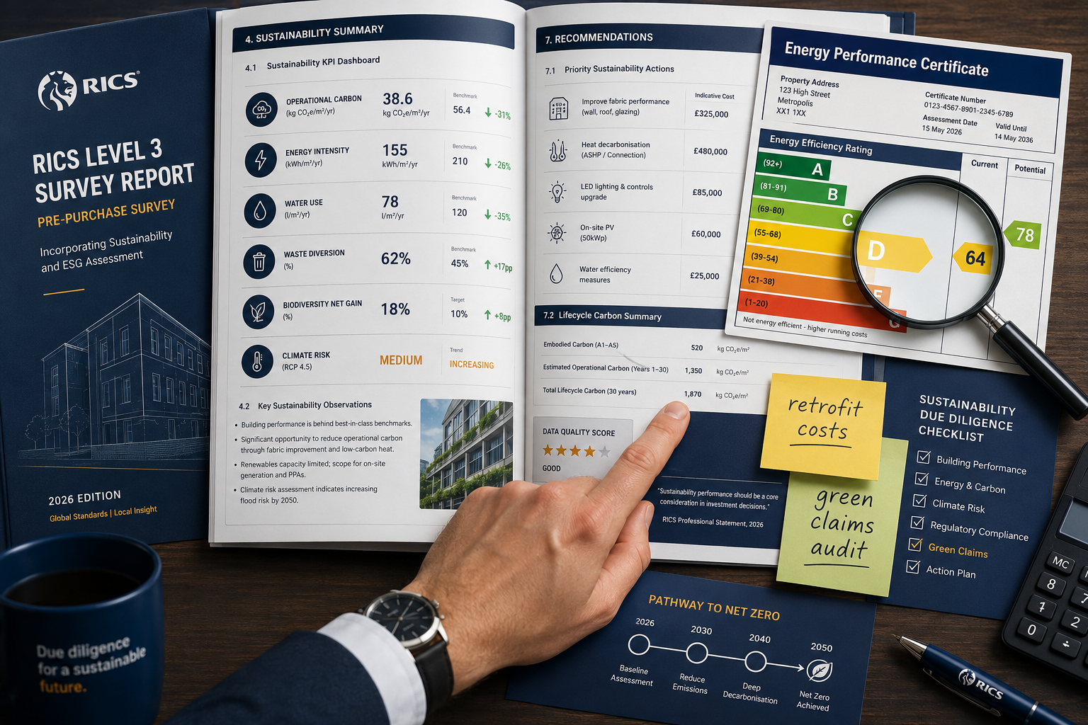() editorial illustration showing a close-up of a RICS Level 3 survey report document spread open on a desk, with an Energy