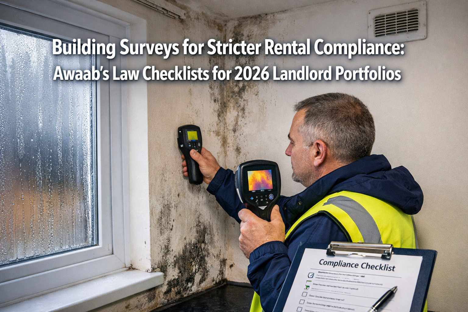 Professional () editorial hero image featuring white 'Building Surveys for Stricter Rental Compliance: Awaab's Law