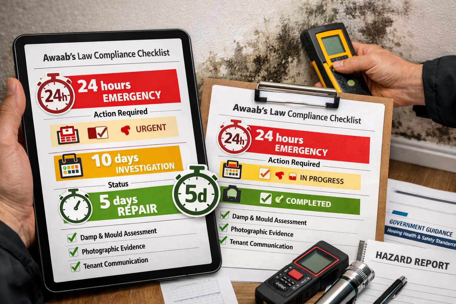 Detailed () image showing close-up view of comprehensive Awaab's Law compliance checklist on professional surveyor's digital