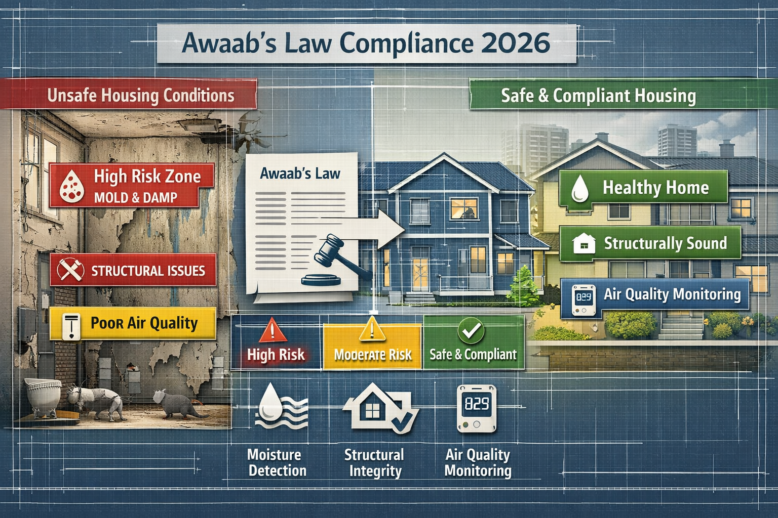 A detailed architectural infographic visualizing Awaab's Law compliance landscape for 2026, featuring a split-screen design