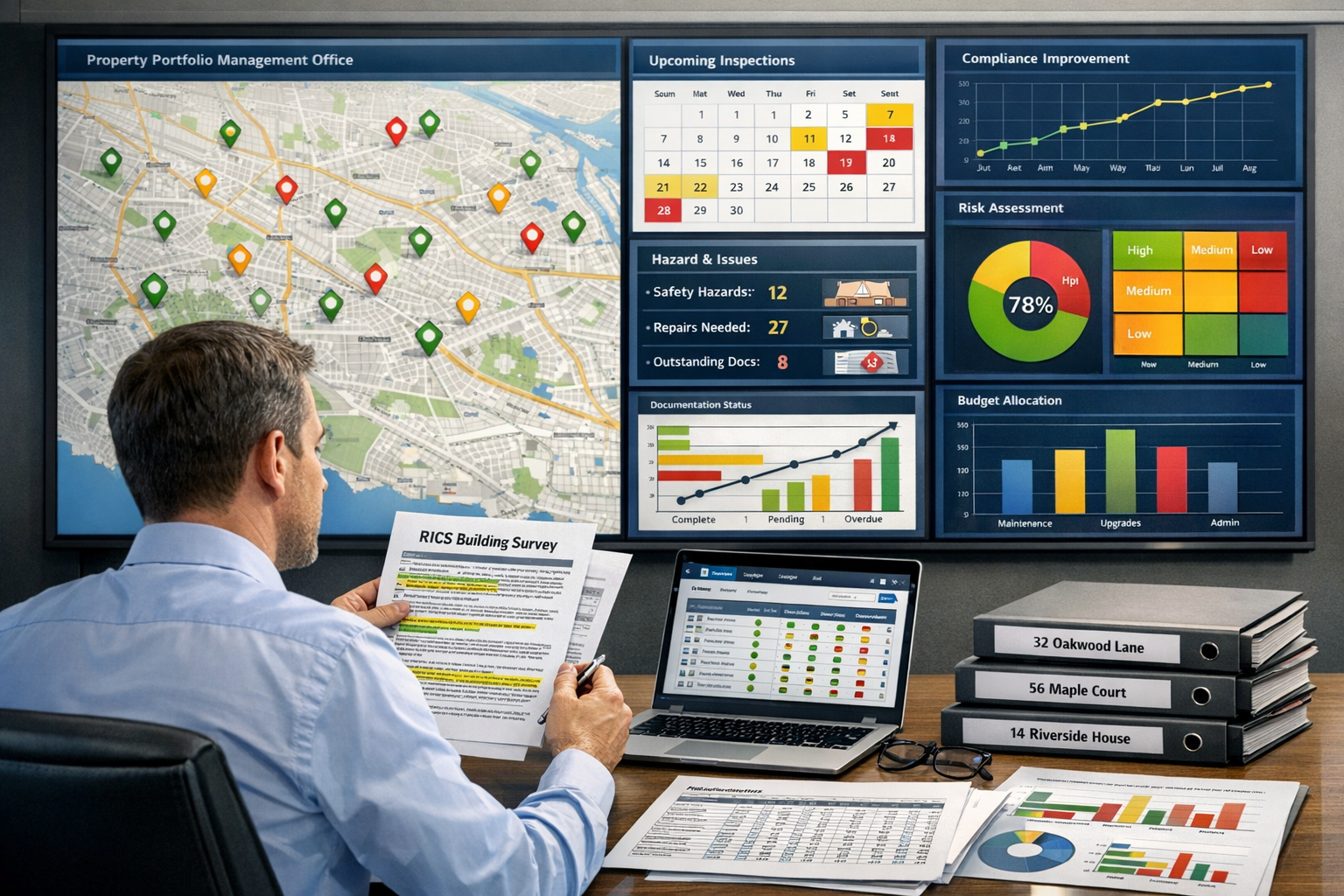 Detailed () professional scene showing modern property portfolio management office with large wall-mounted display screens