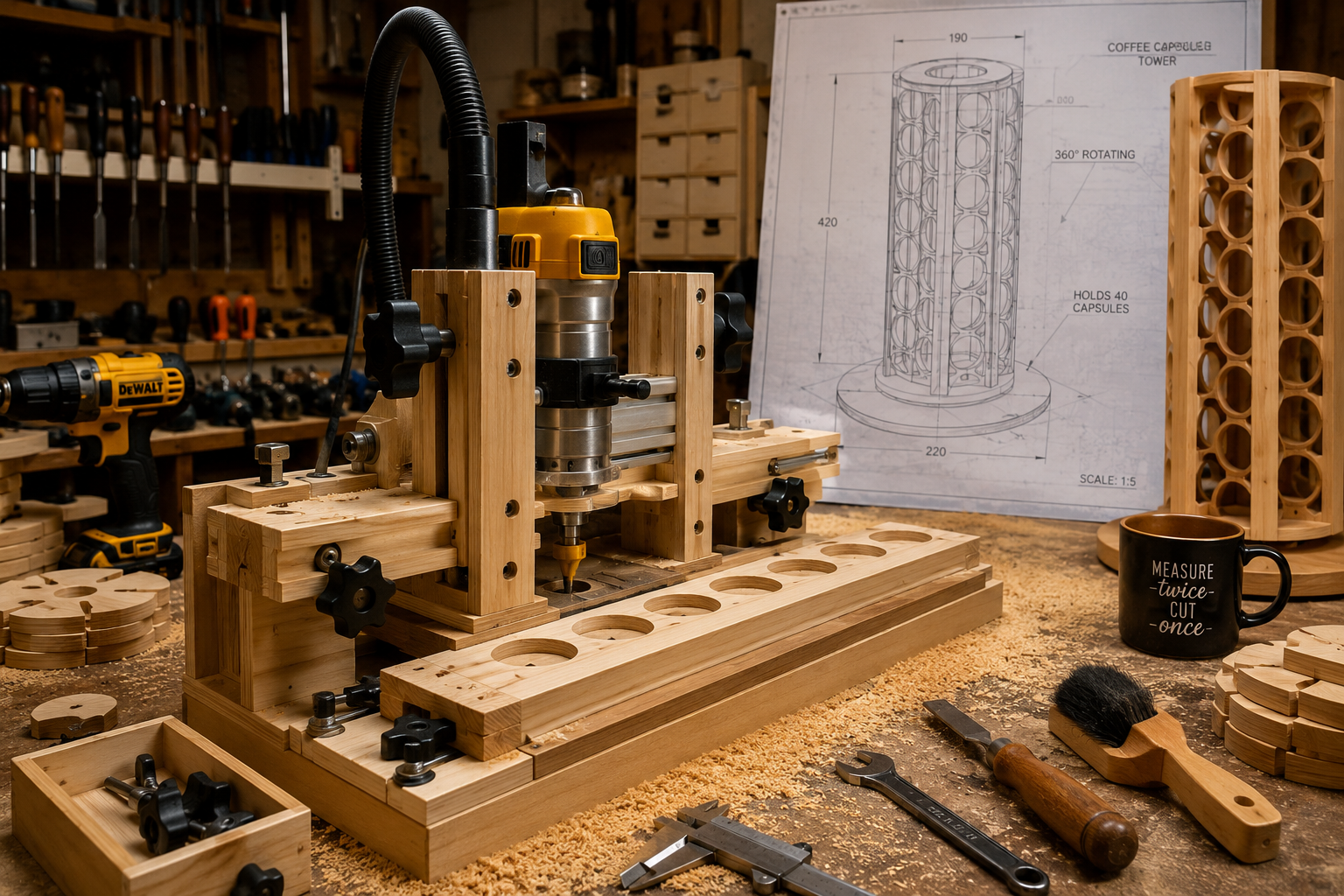 Detailed () image of a woodworking workshop, focusing on a custom jig for mass-producing coffee capsule organizer