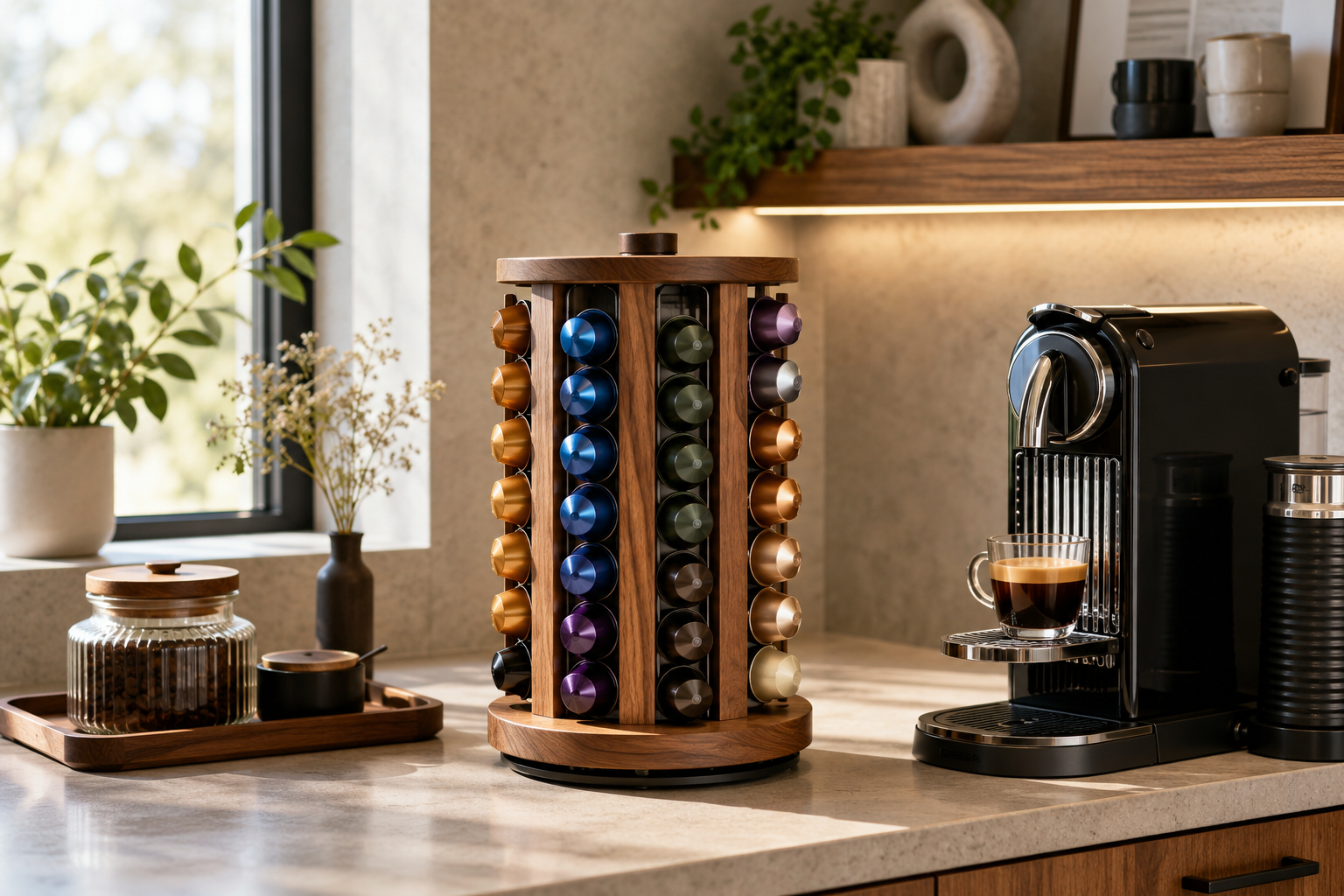 Detailed () image showcasing a beautifully organized modern kitchen counter with a fully stocked rotating wooden coffee