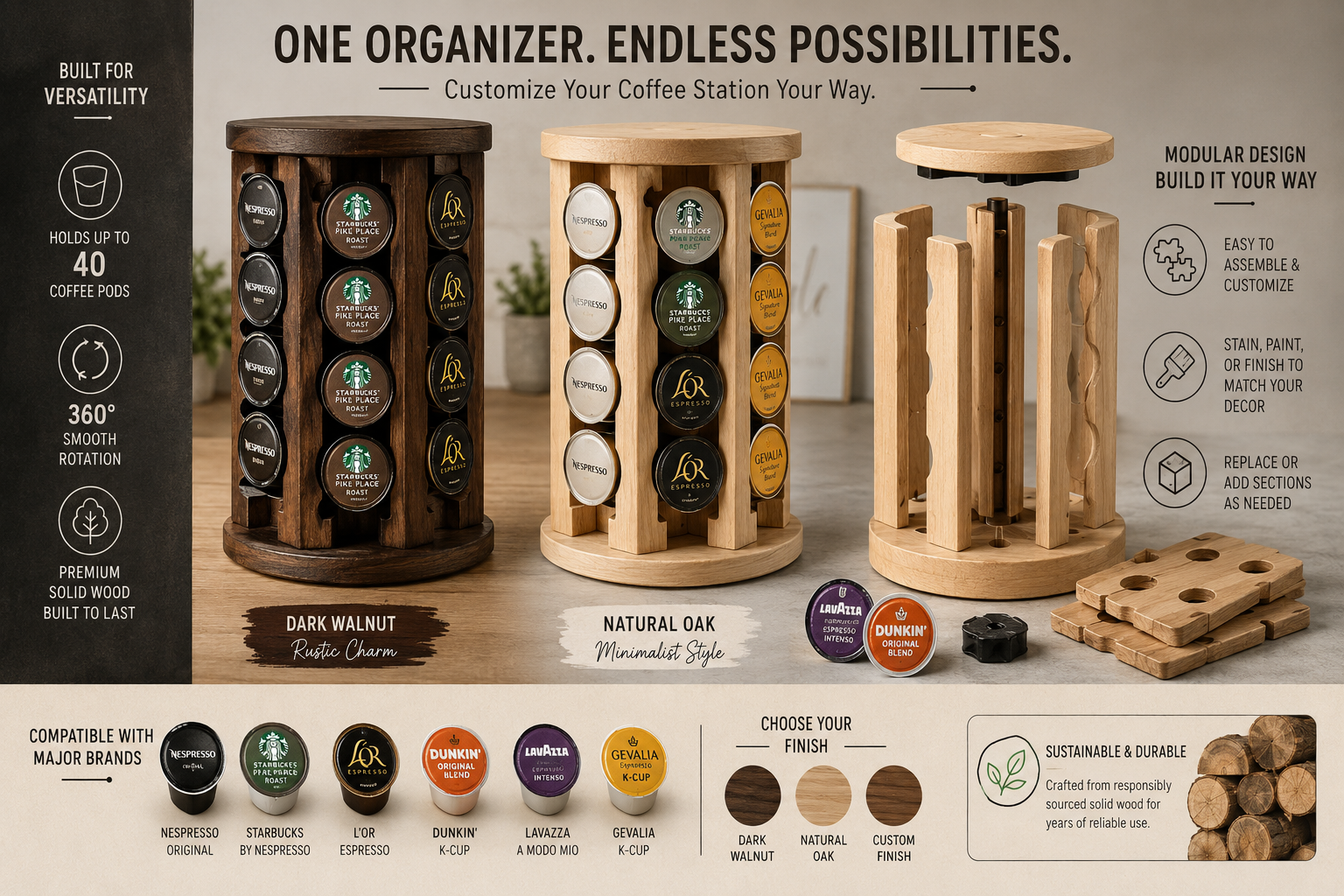 Detailed () image illustrating the versatility and customization options of wooden coffee capsule organizers. Three