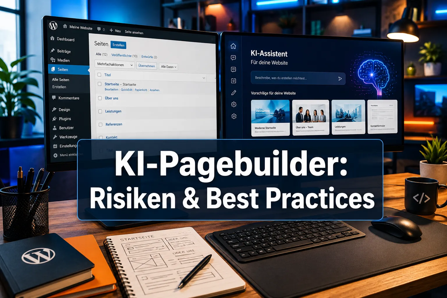 Professional () hero image with (≤42 chars): 'KI-Pagebuilder: Risiken & Best Practices', white on a deep semi-transparent