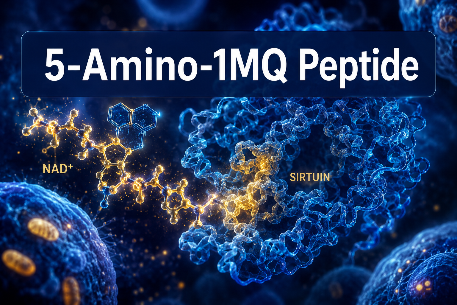 Professional () hero image with '5-Amino-1MQ Peptide' in large white on a deep semi-transparent navy bar, centered in upper