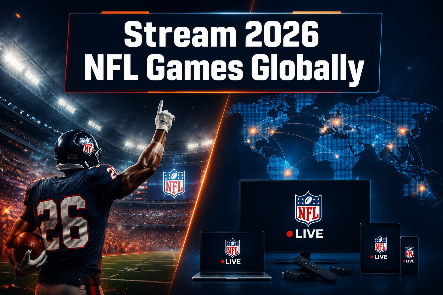 Professional () hero image featuring 'Stream 2026 NFL Games Globally' in white on a dark navy semi-transparent panel,