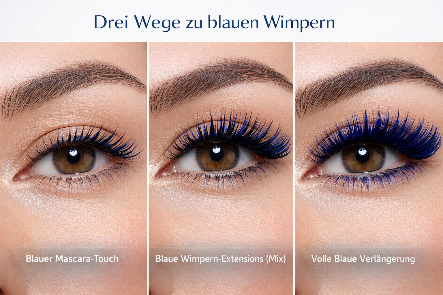 Detailed () image showing side-by-side comparison of different blue lash techniques. Left side displays natural lashes with