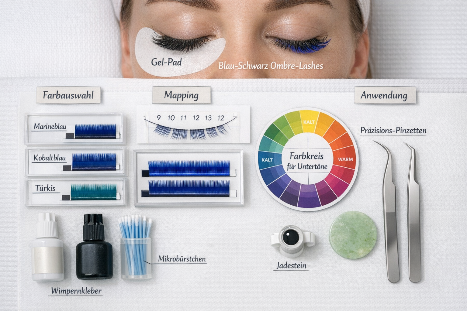 Detailed () image depicting professional lash artist's workspace during blue lash extension application. Overhead flat-lay