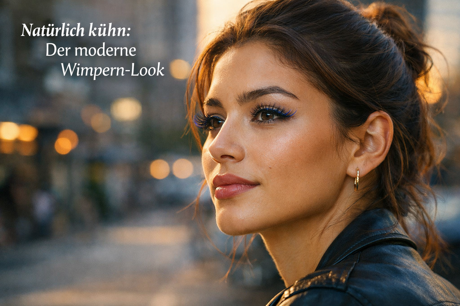 Detailed () lifestyle image showing confident young woman with subtle blue lash extensions in natural daylight setting.