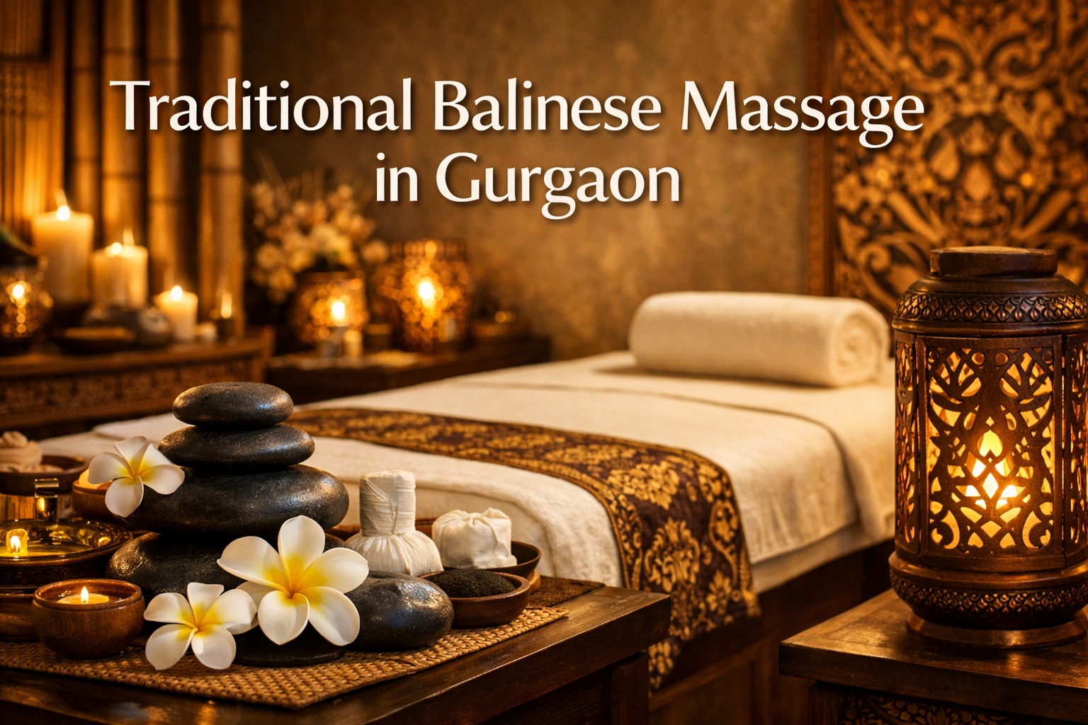 Professional landscape format (1536x1024) hero image featuring bold text overlay 'Traditional Balinese Massage in Gurgaon' in extra large 72