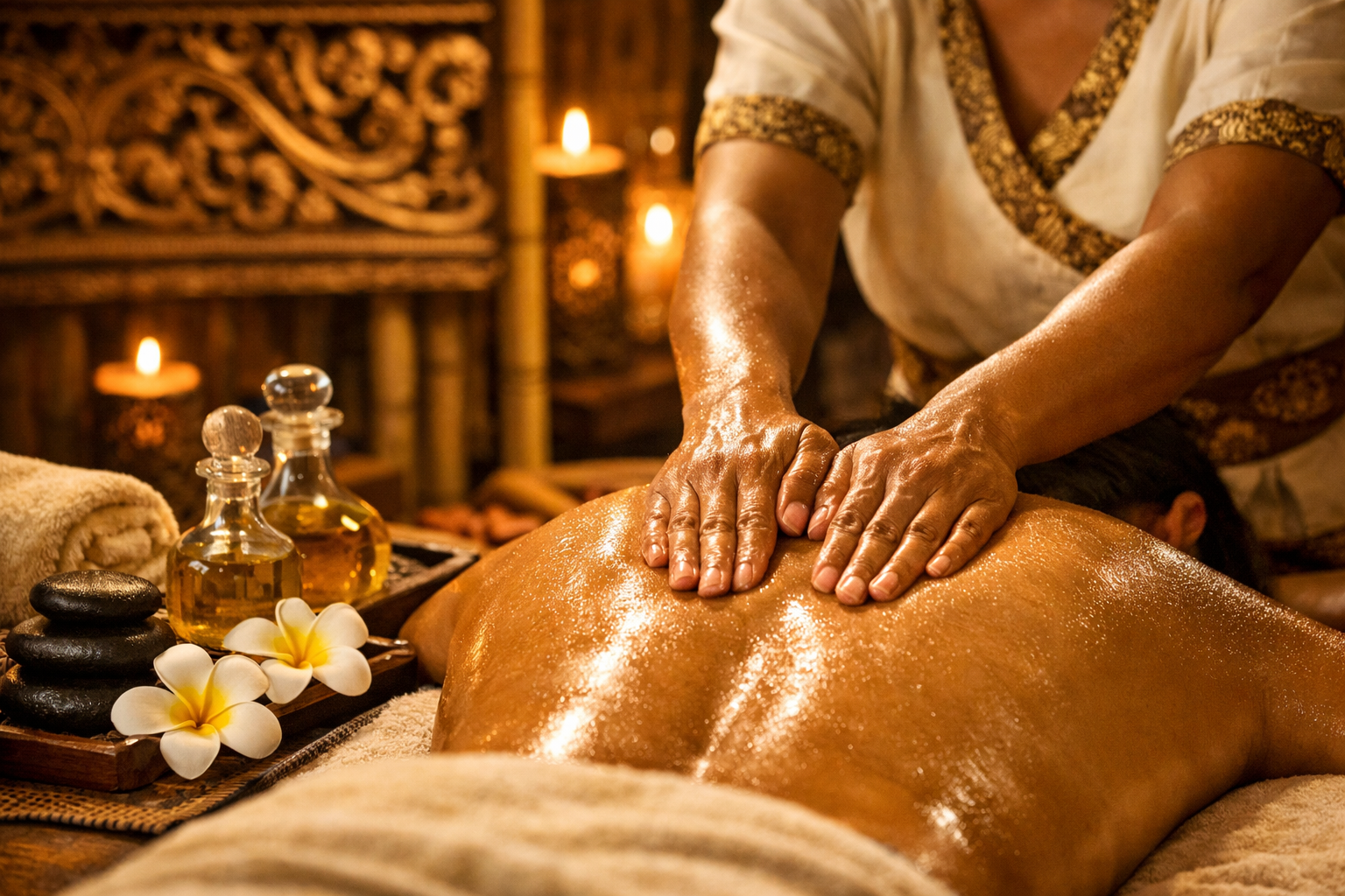 Landscape format (1536x1024) editorial image showing authentic Traditional Balinese massage therapy in action at luxury Gurgaon spa setting.