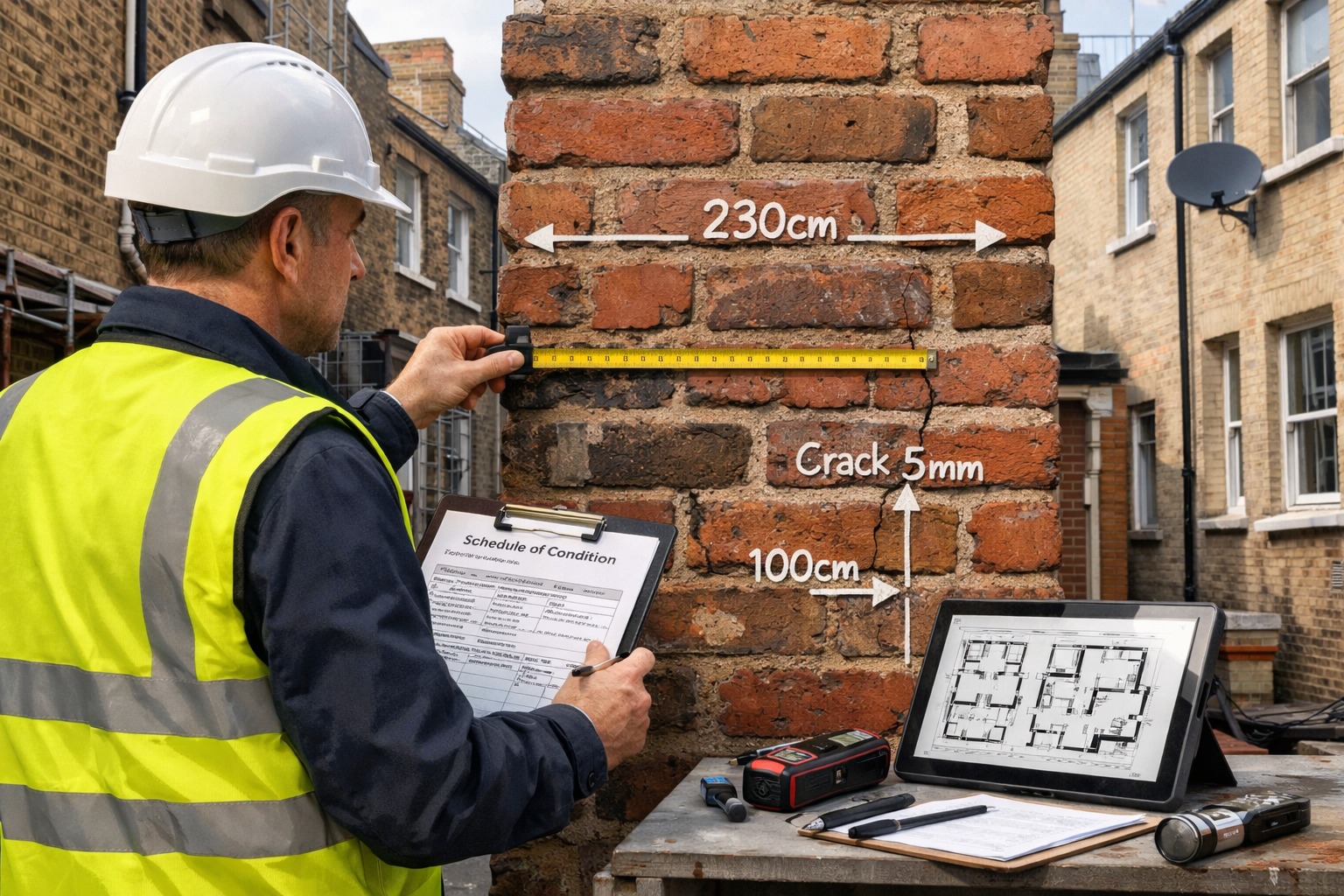 Landscape format (1536x1024) detailed illustration showing professional party wall surveyor in hard hat and high-visibility vest conducting