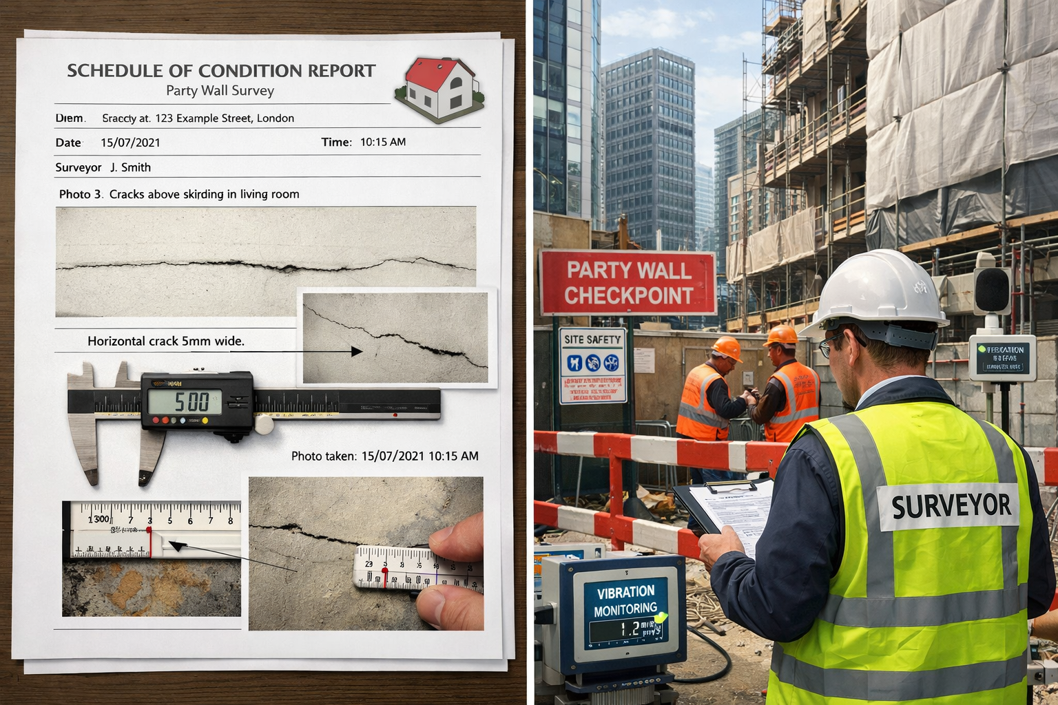 Landscape format (1536x1024) professional scene showing party wall award enforcement in high-density urban construction project: split-scree
