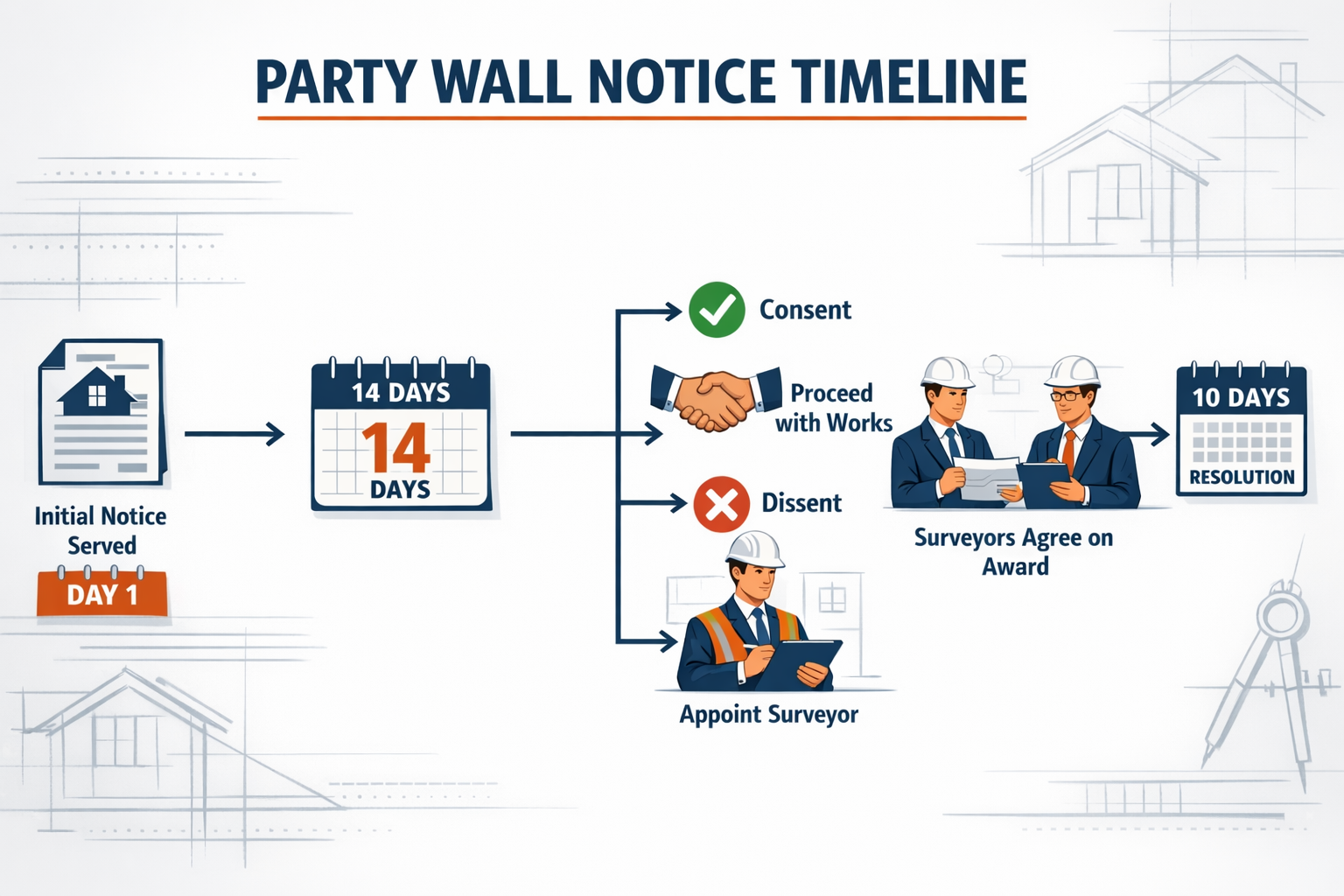 () detailed infographic showing party wall notice timeline flowchart with clear visual steps from initial notice to 14-day