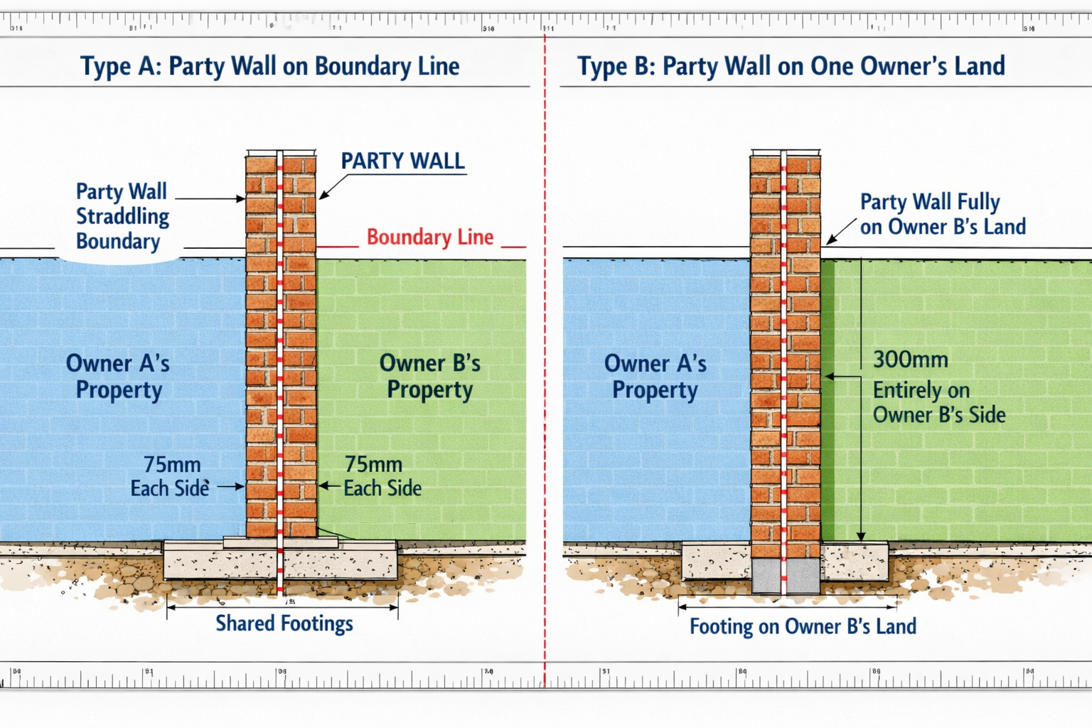 () split-screen comparison image showing Type A party wall standing astride boundary line versus Type B party wall wholly on