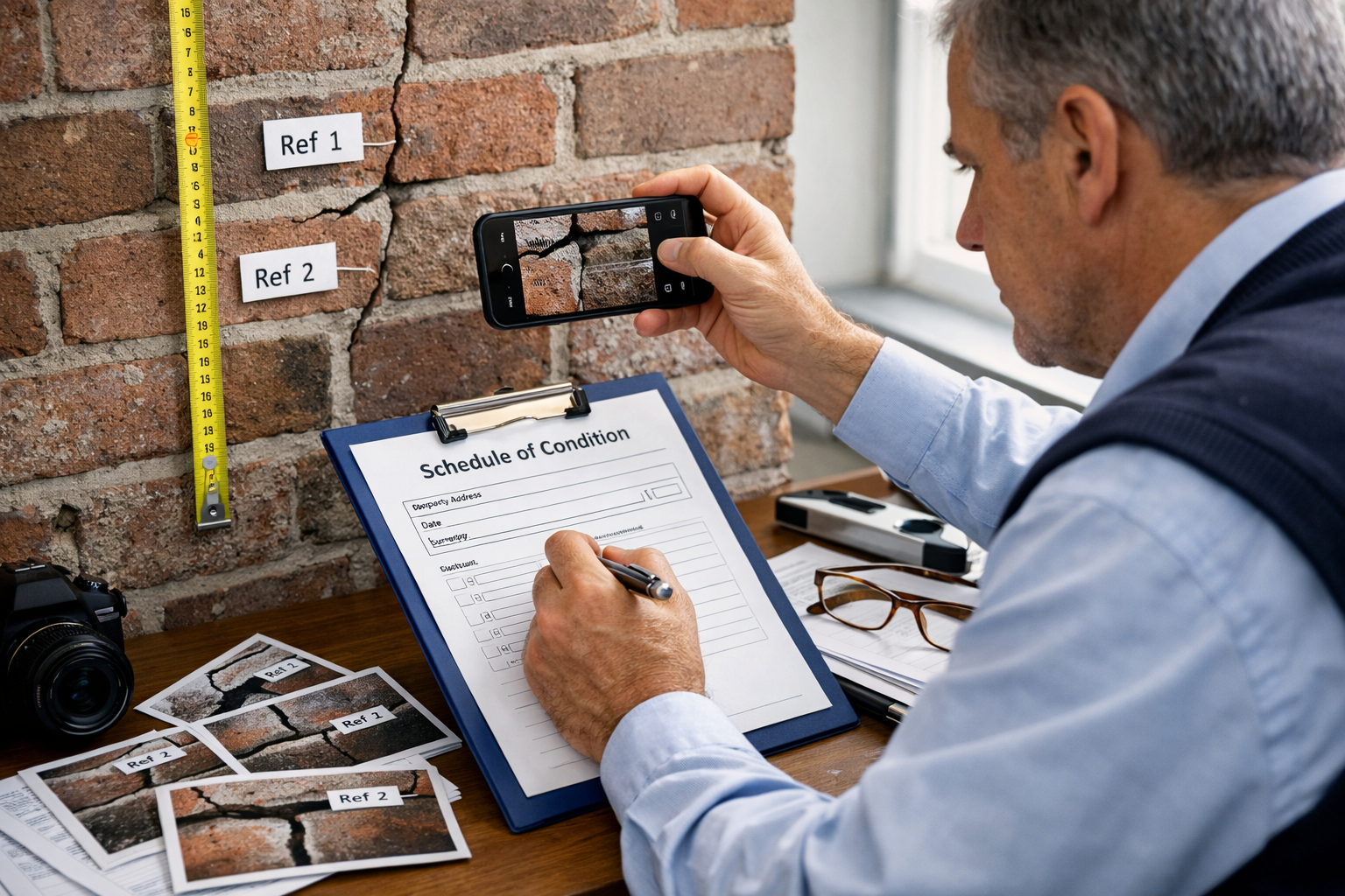 () professional photograph of party wall surveyor conducting pre-construction inspection, taking detailed photographs and