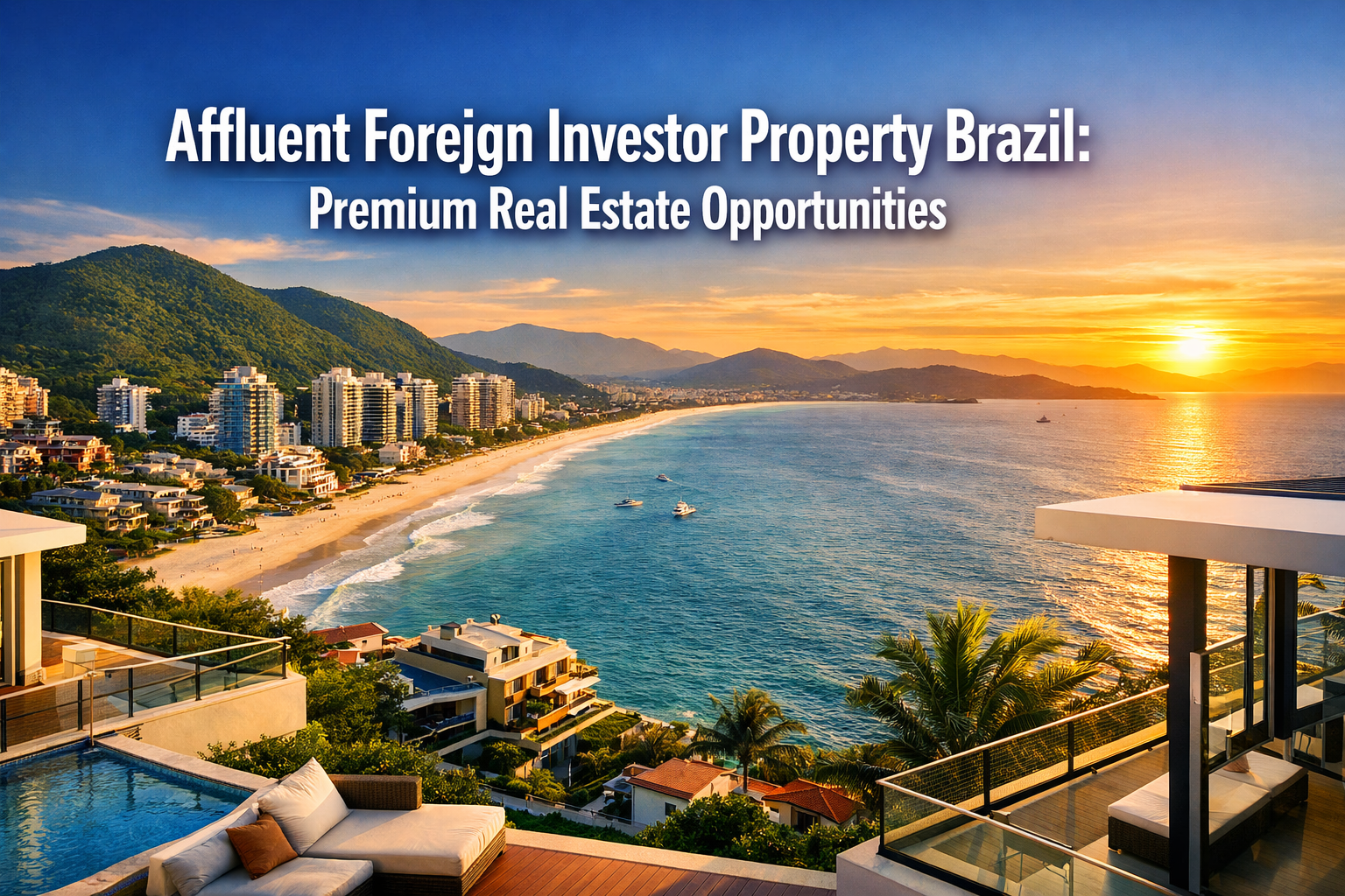 Professional landscape hero image (1536x1024) featuring bold text overlay 'Affluent Foreign Investor Property Brazil: Premium Real Estate Op
