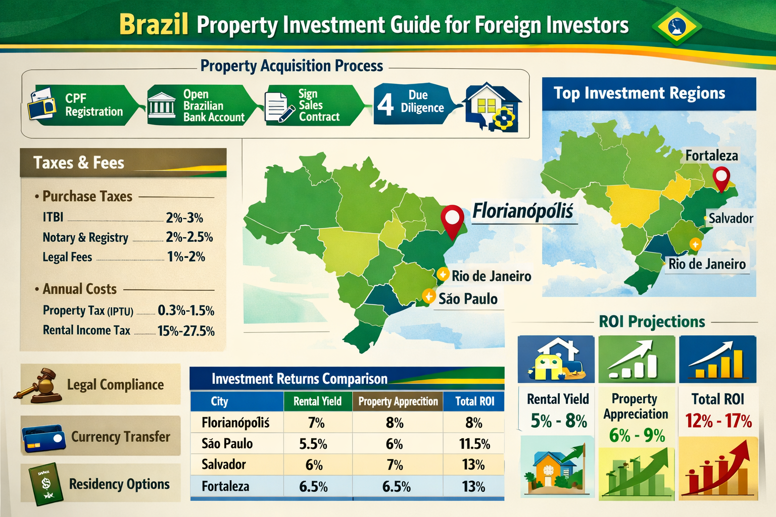 Comprehensive infographic-style image (1536x1024) displaying Brazil's property investment legal framework and tax structure for foreign inve
