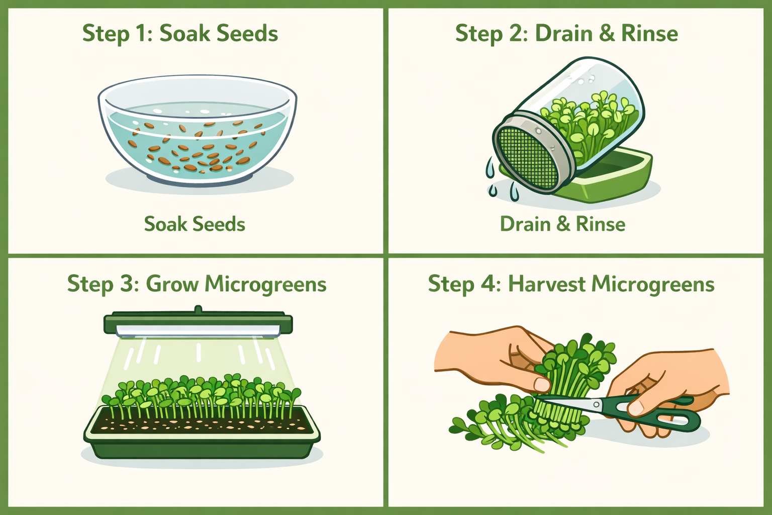 Step-by-step growing process infographic illustration for a small apartment: four sequential panels showing (1) seeds
