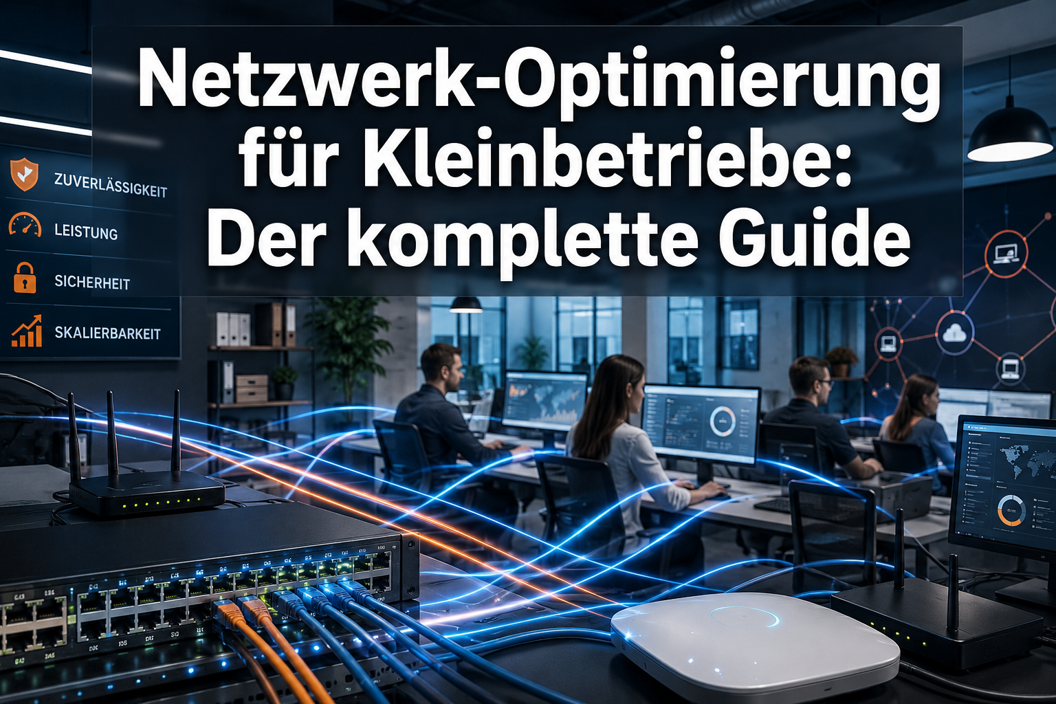 Professional () hero image with 'Netzwerk-Optimierung für Kleinbetriebe: Der komplette Guide' in extra large white with dark