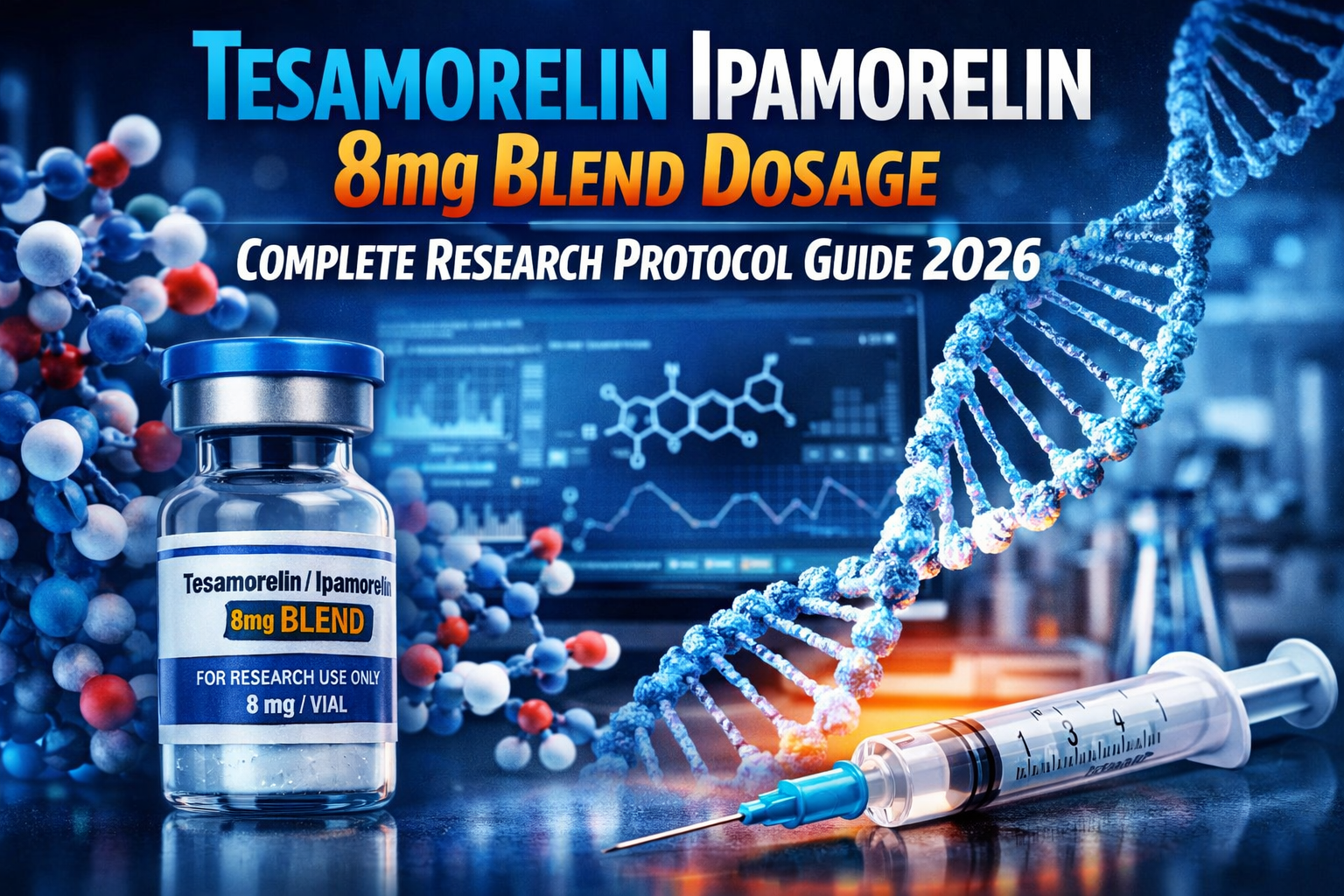 Professional landscape hero image (1536x1024) with bold text overlay: "Tesamorelin Ipamorelin 8mg Blend Dosage: Complete Research Protocol G