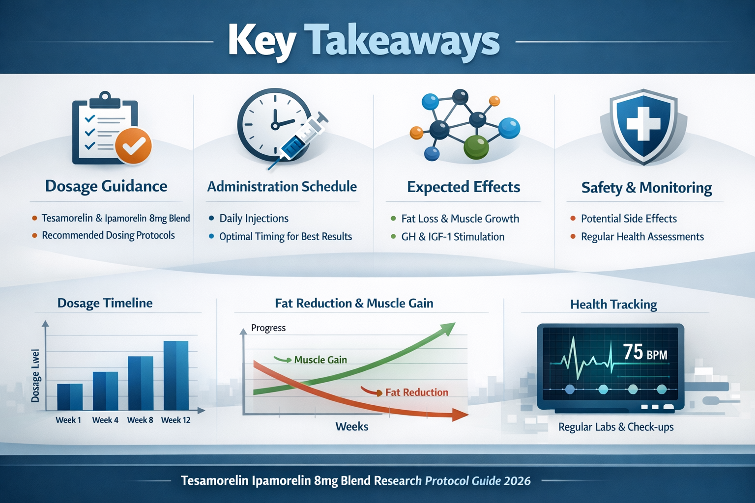 Professional landscape infographic (1536x1024) for article "Tesamorelin Ipamorelin 8mg Blend Dosage: Complete Research Protocol Guide 2026",