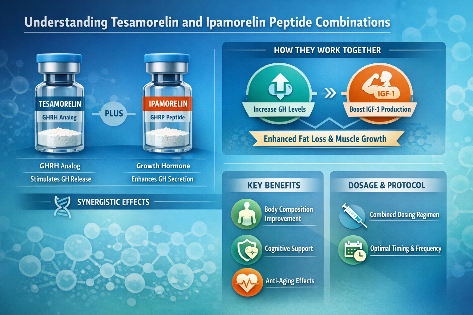 Professional landscape infographic (1536x1024) for article "Tesamorelin Ipamorelin 8mg Blend Dosage: Complete Research Protocol Guide 2026",