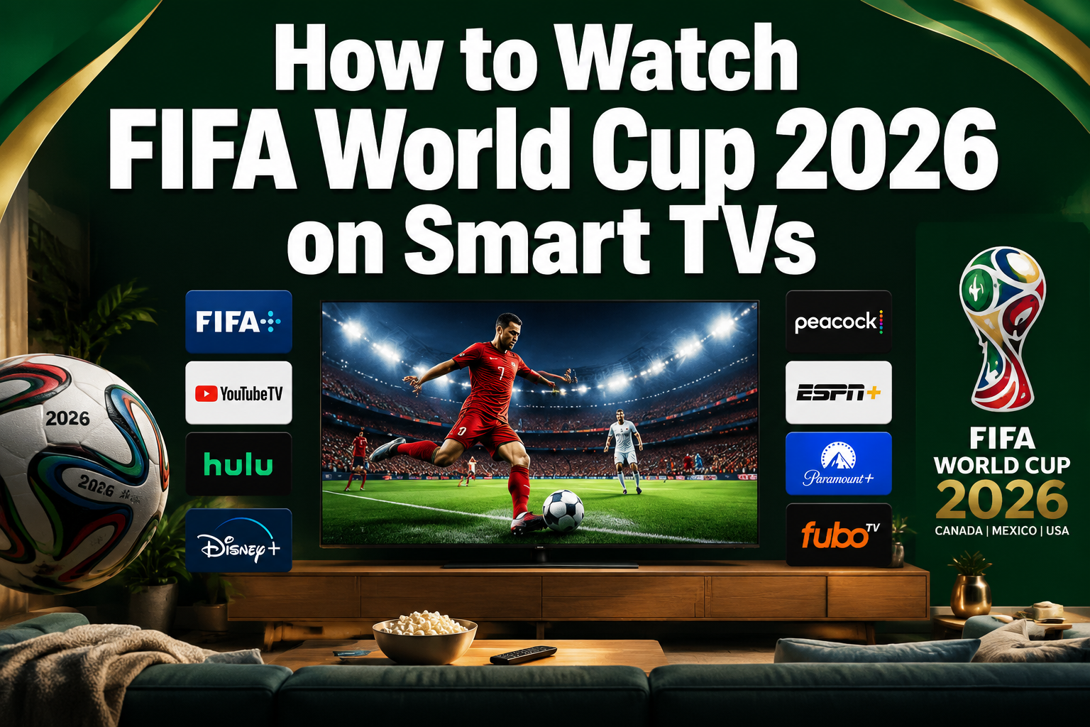 Professional () hero image featuring 'How to Watch FIFA World Cup 2026 on Smart TVs' in extra large white with dark ,