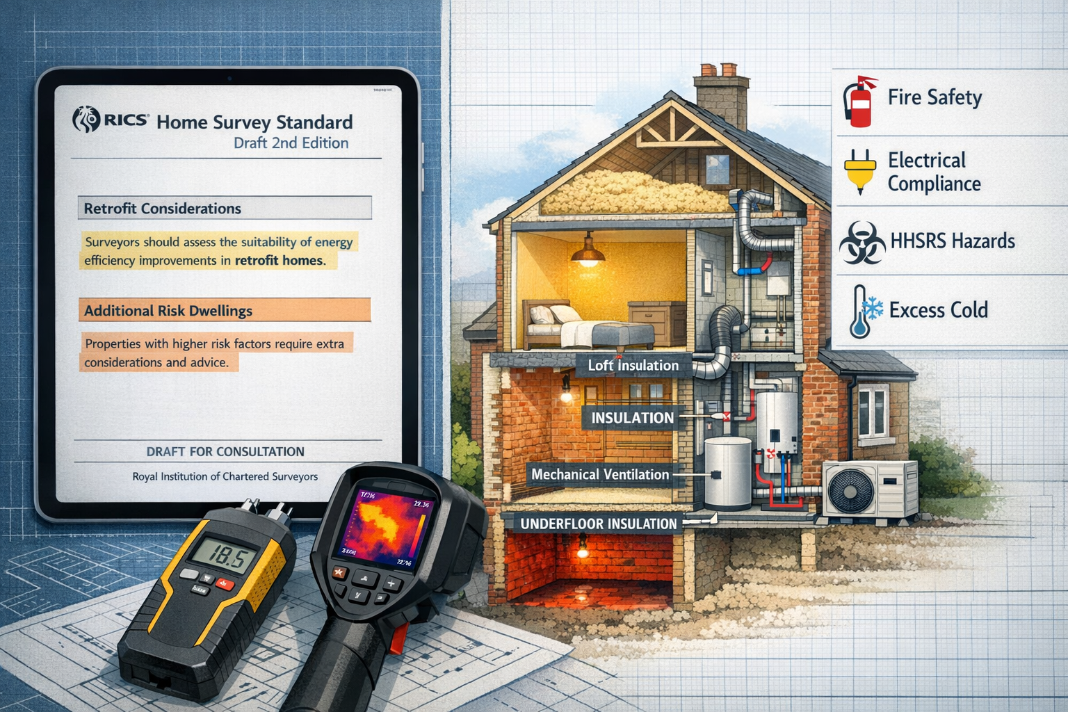 Detailed landscape format (1536x1024) editorial image showing RICS Home Survey Standard documentation and compliance framework. Split-screen