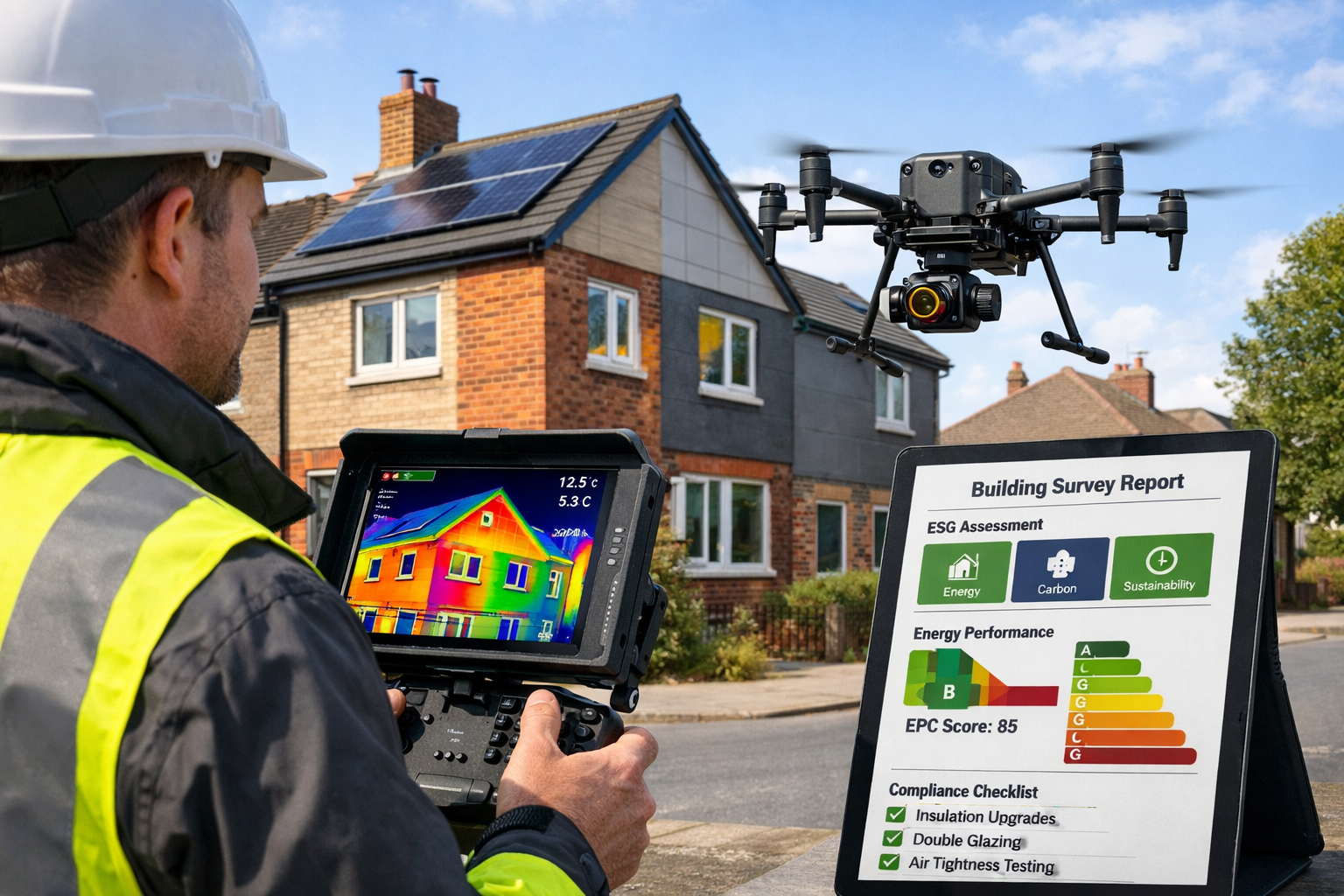 Detailed landscape format (1536x1024) image depicting advanced surveying technology for retrofit assessment. Central focus on surveyor opera