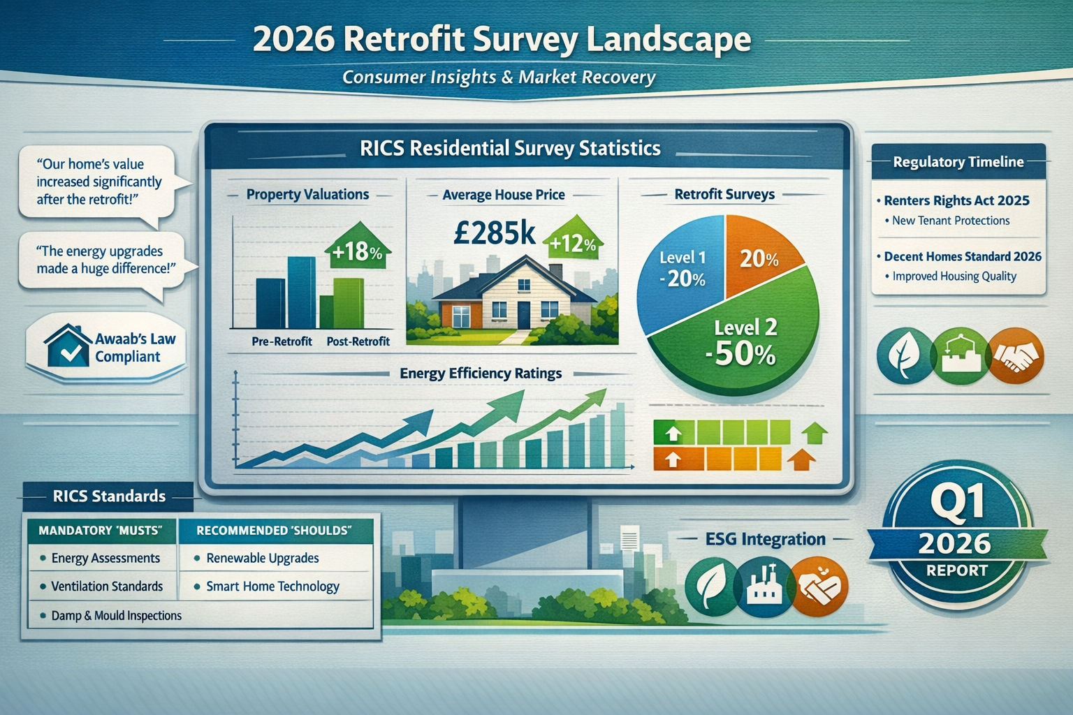 Detailed landscape format (1536x1024) infographic-style image illustrating consumer insights and market recovery in 2026 retrofit survey lan