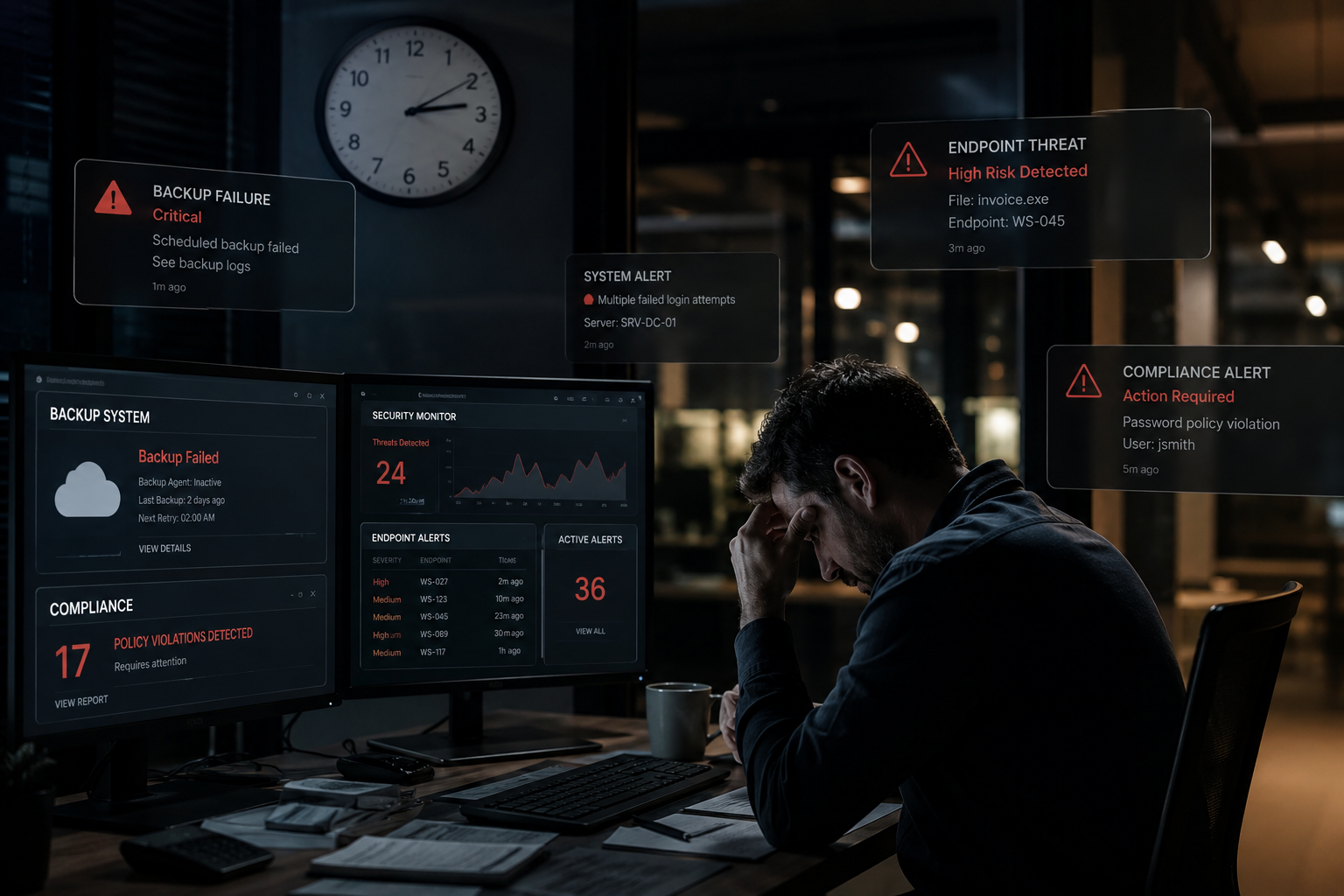 () depicting single IT person drowning in multiple security tasks - monitoring screens showing 24/7 alerts, backup failures,