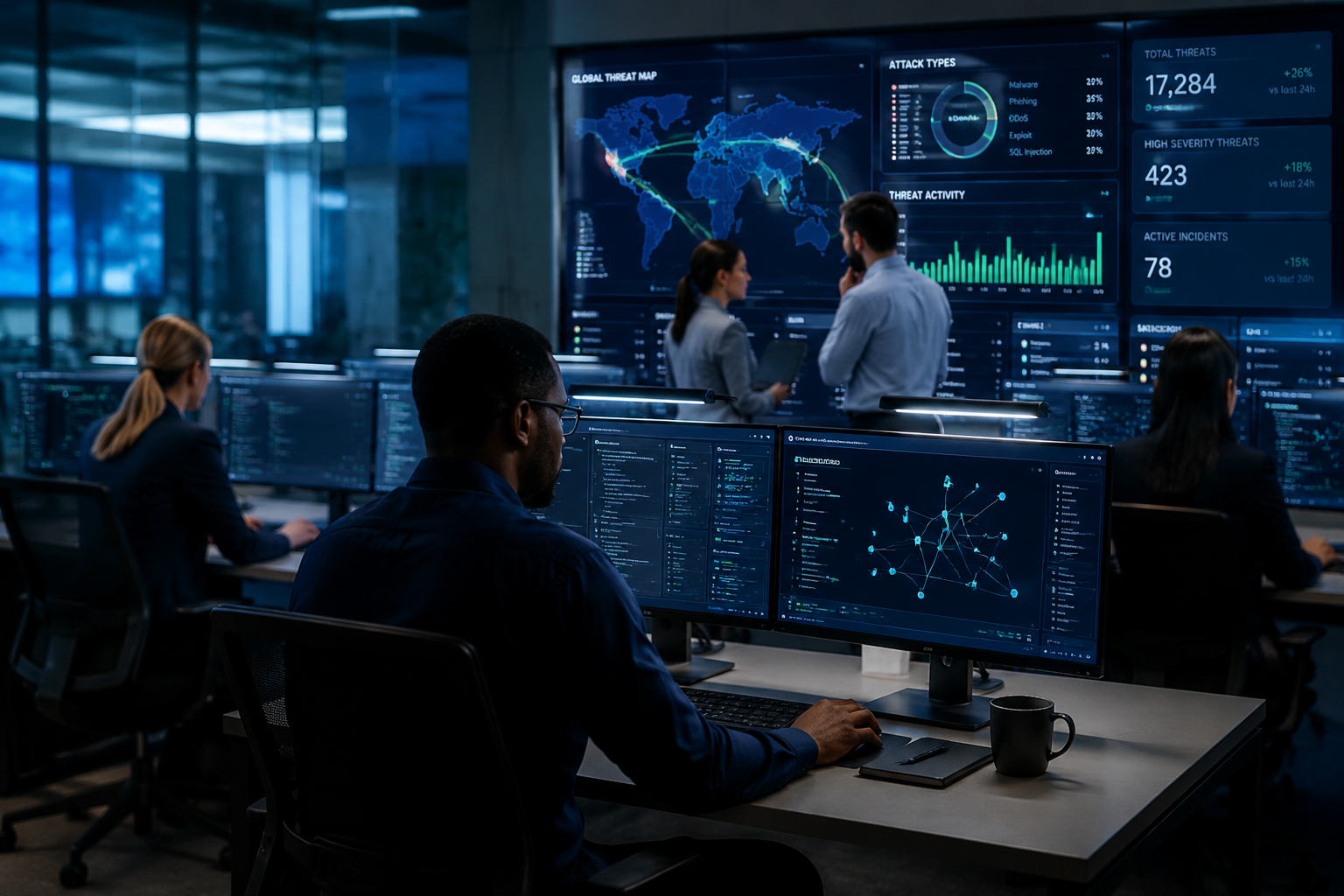 () showing modern cybersecurity operations center with team of specialists at workstations, multiple large monitors