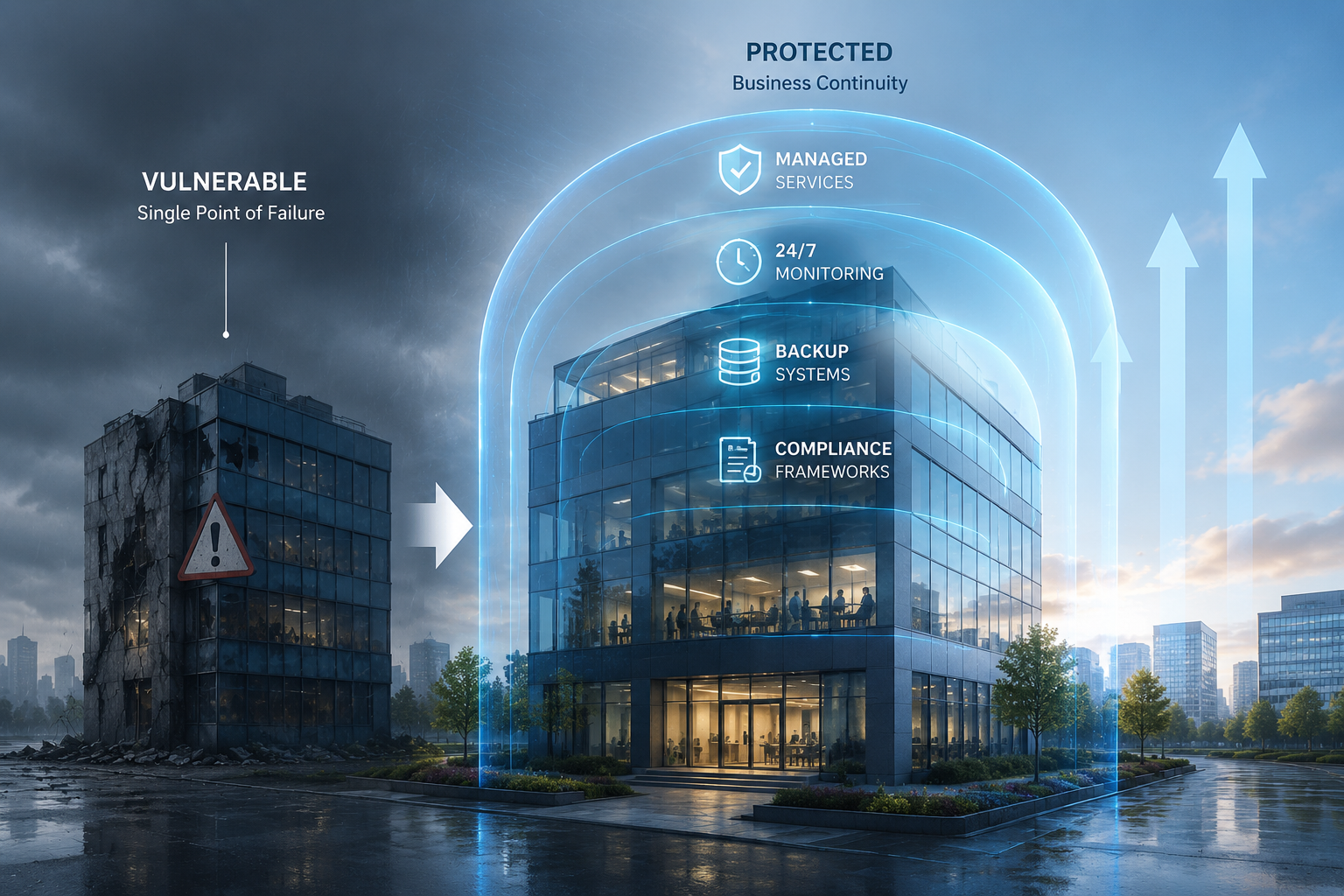 () illustrating business continuity concept with office building protected by layered security shields - managed services,