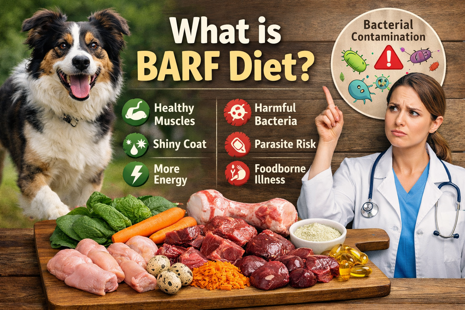 Detailed landscape format (1536x1024) image showing close-up of raw BARF diet ingredients arranged on wooden cutting board: raw chicken piec