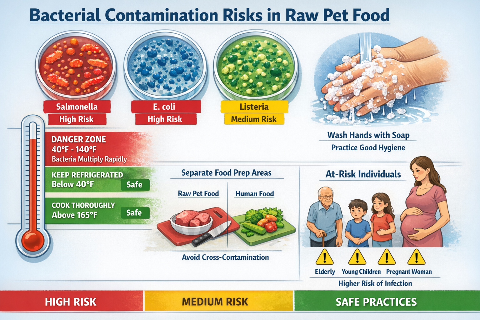 Comprehensive landscape format (1536x1024) infographic-style image displaying bacterial contamination risks in raw pet food. Visual elements