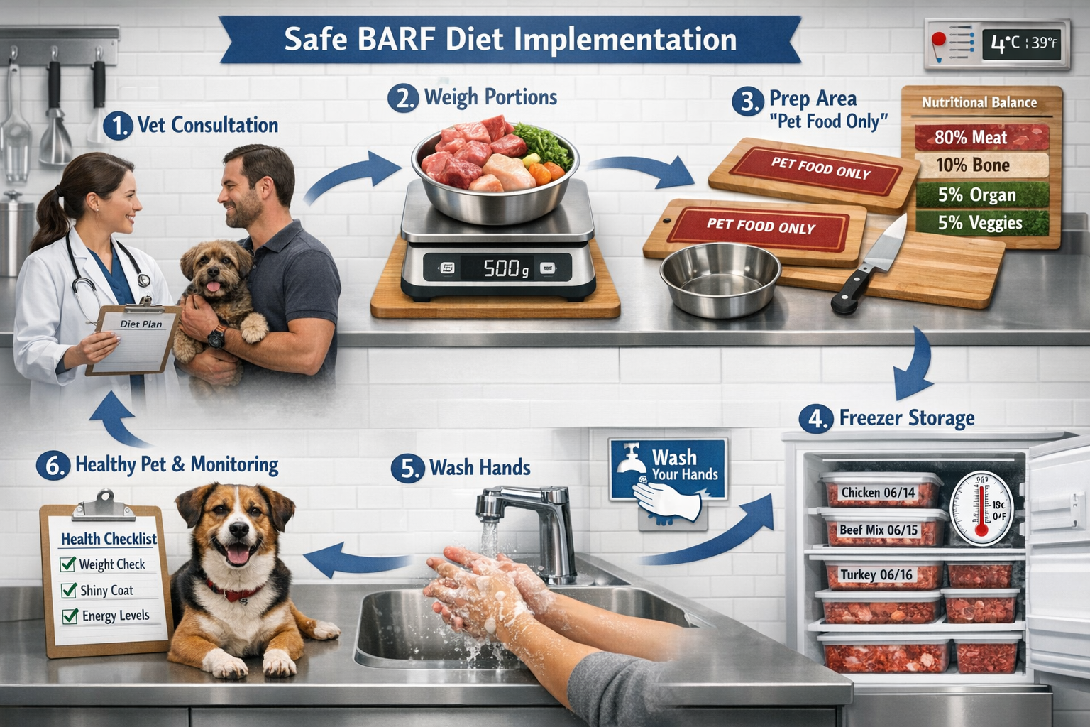 Detailed landscape format (1536x1024) step-by-step visual guide for safe BARF diet implementation. Layout shows numbered sequence: 1) veteri