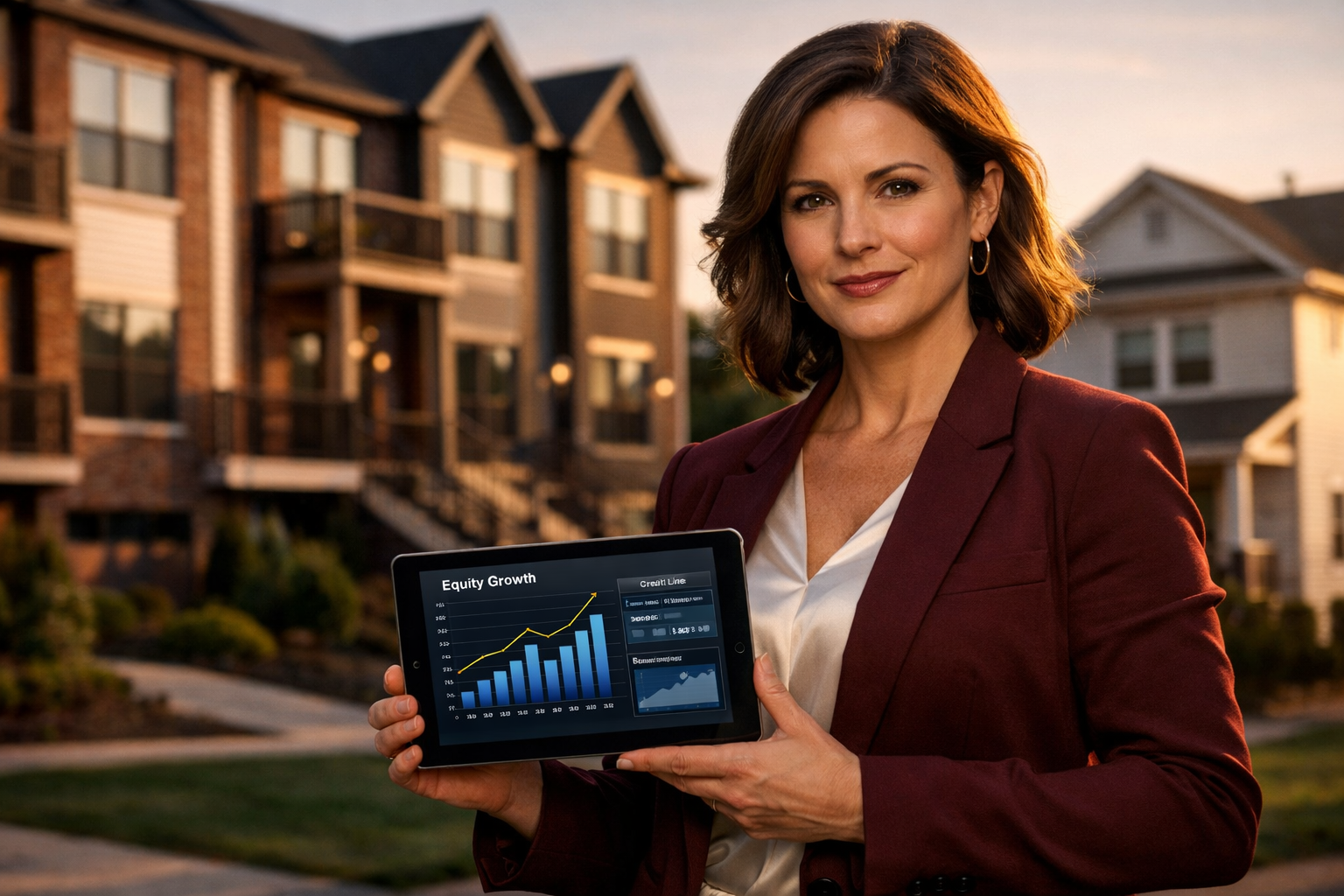 Professional () editorial hero image showing a confident real estate investor standing in front of multiple rental