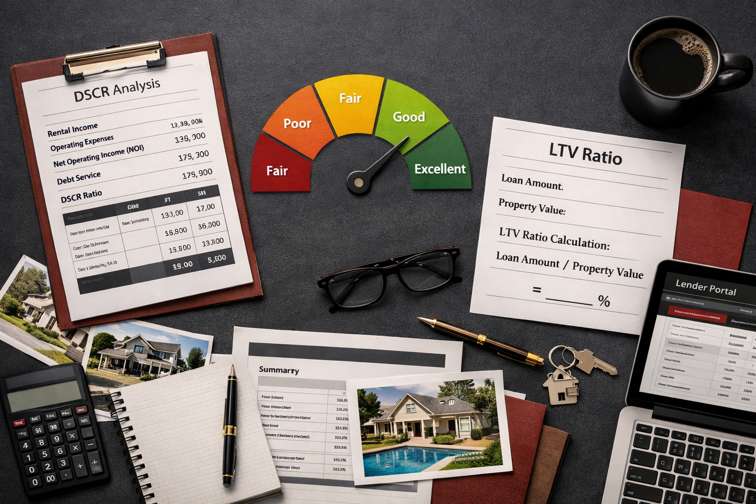 () overhead flat-lay composition showing a real estate investor's desk with printed DSCR worksheets, a credit score gauge