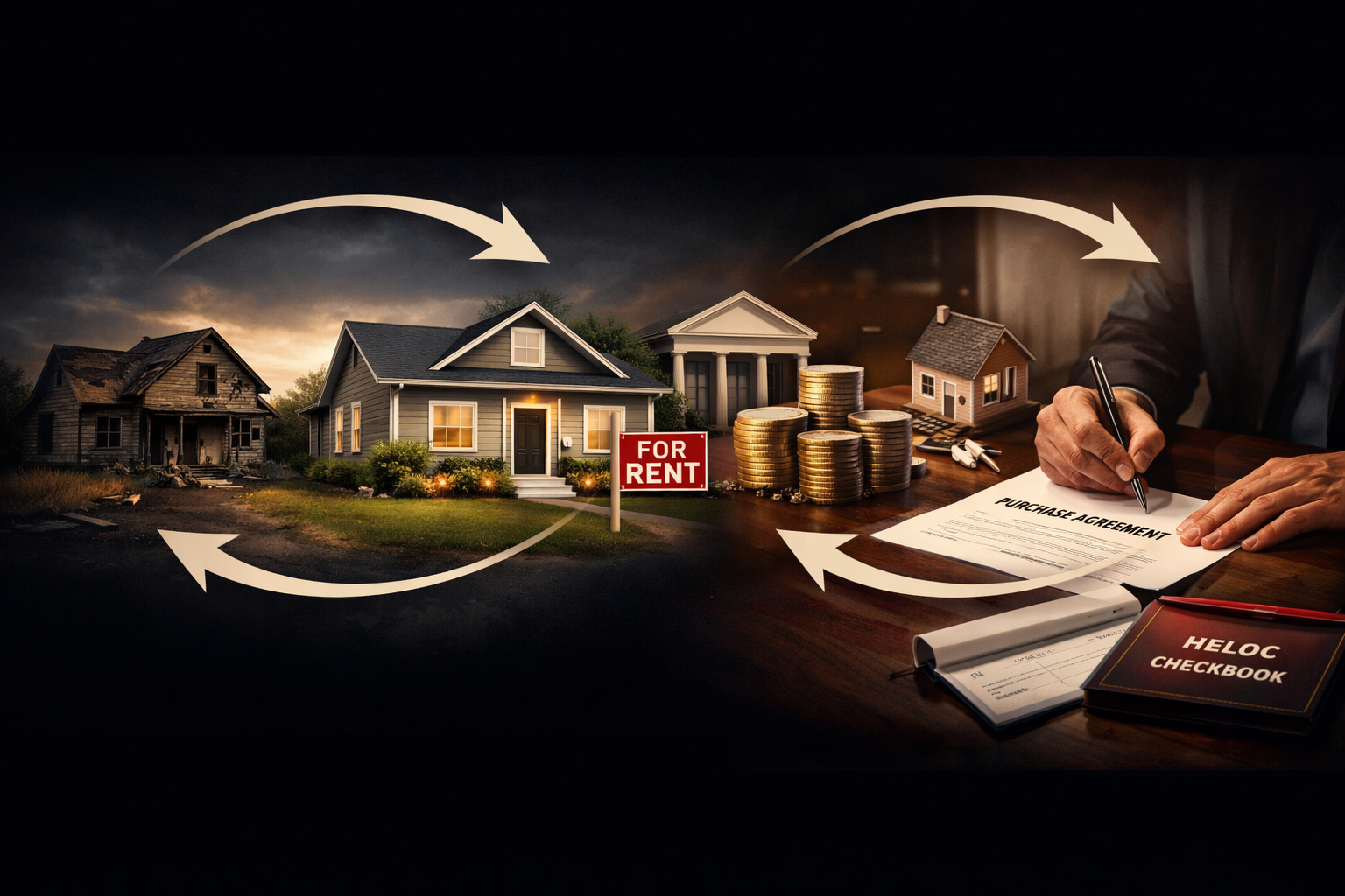 () dynamic split-scene visual showing the BRRRR method cycle on the left &mdash; a distressed property transforming into a