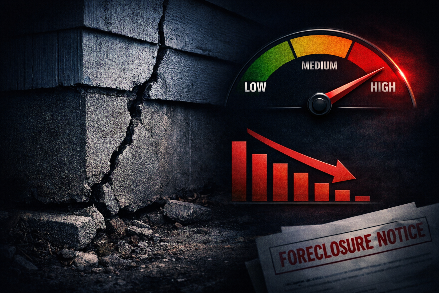() dramatic close-up of a cracked foundation on a rental property with warning visual cues &mdash; a variable rate meter gauge