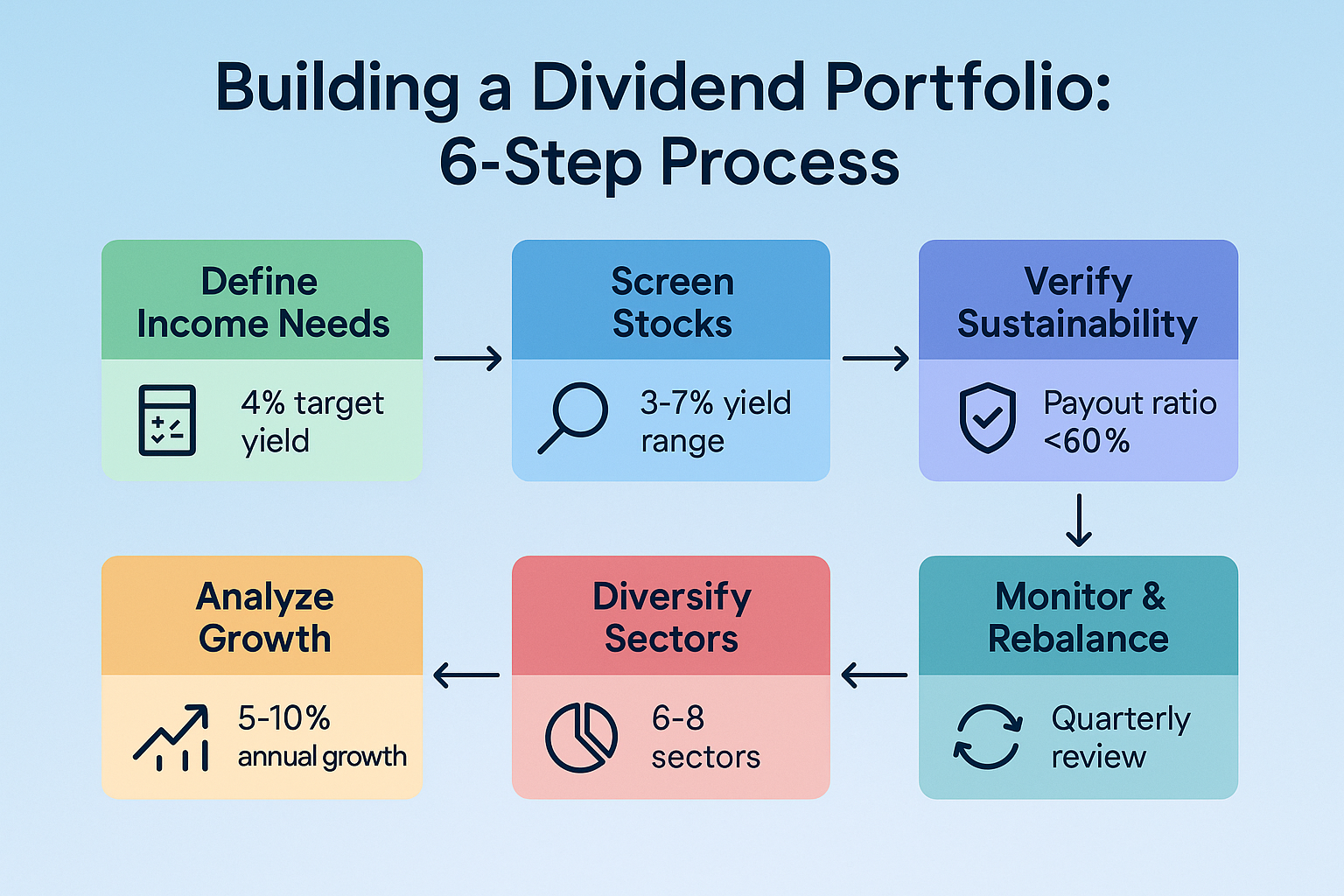 Professional landscape infographic (1536x1024) for section "How to Calculate Dividend Yield for Portfolio Planning". Type: Process Flowchart