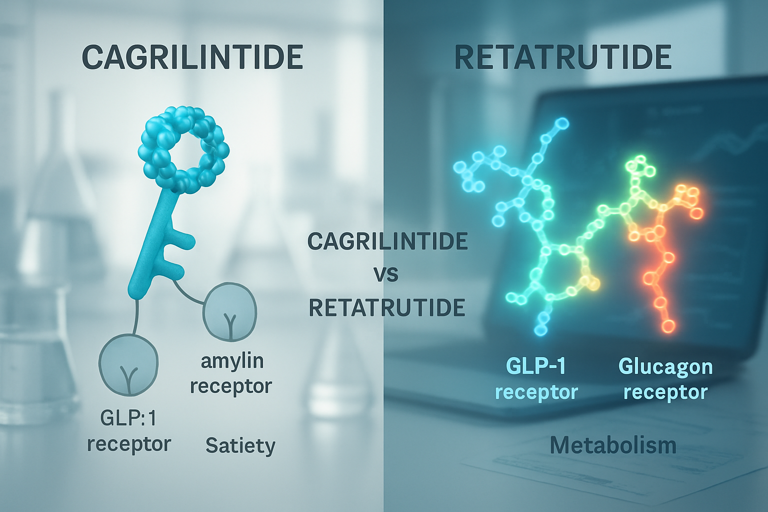 Editorial quality image (1536x1024) showcasing a split-screen or overlay concept. On one side, a conceptual illustration of cagrilintide, re